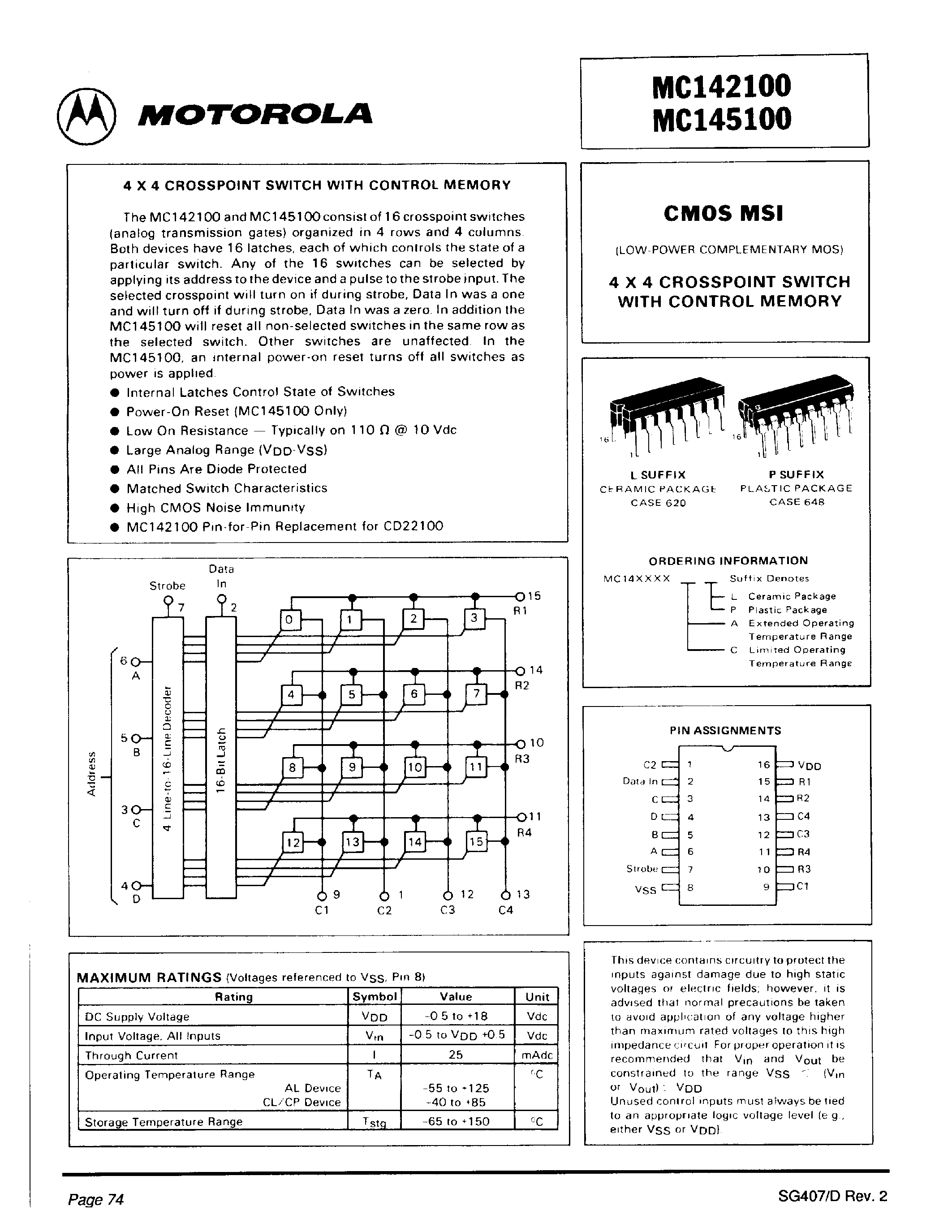 Даташит MC142100AP - 4 X 4 CROSSPOINT SWITCH WITH CONTROL MEMORY страница 1