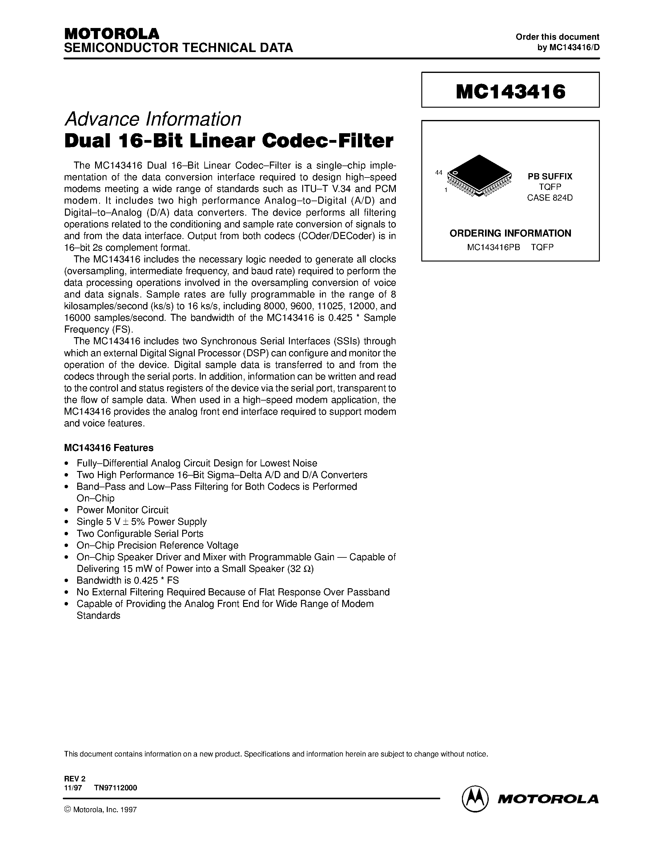 Datasheet MC143416 - Dual 16-Bit Linear Codec-Filter page 1