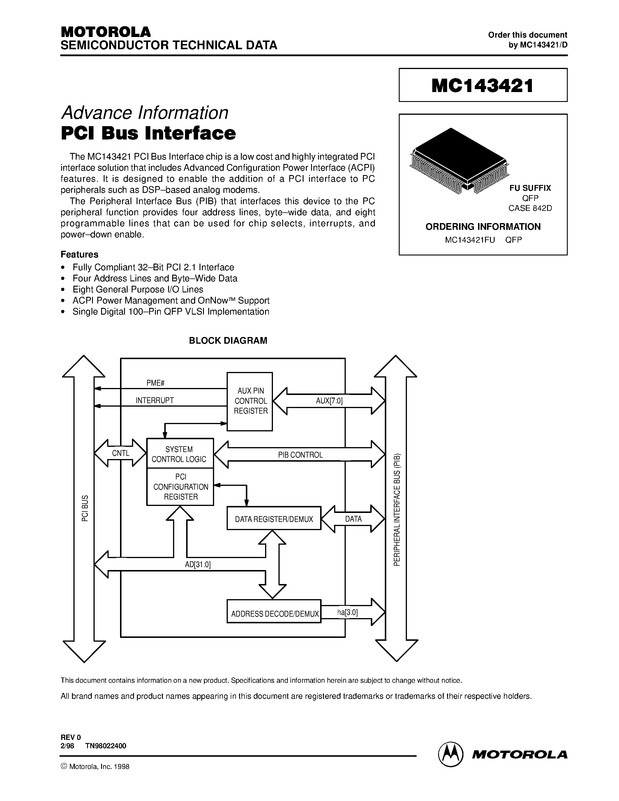 Даташит MC143421FU - PCI Bus Interface страница 1