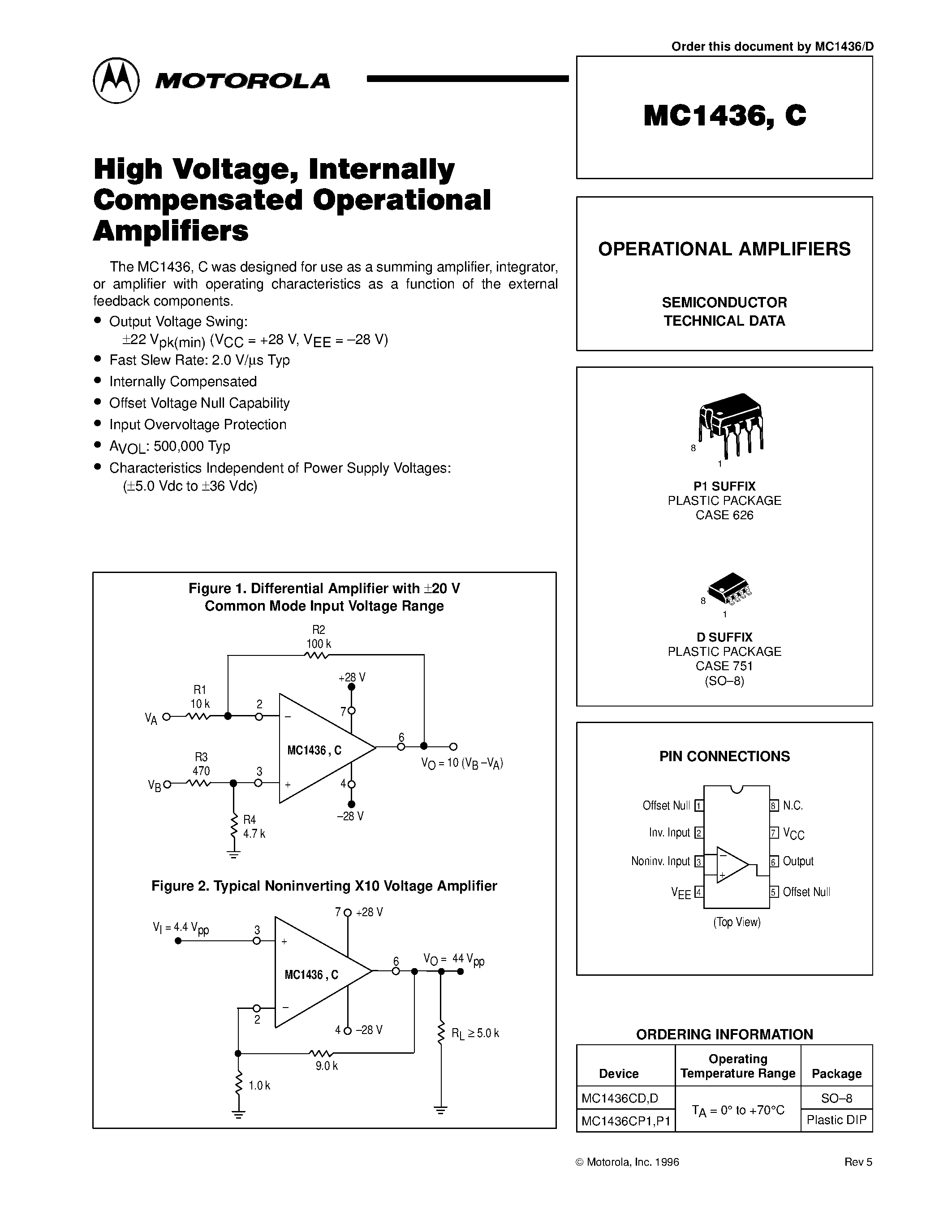 Даташит MC1436CP1 - High Voltage / Internally Compensated Operational Amplifiers страница 1