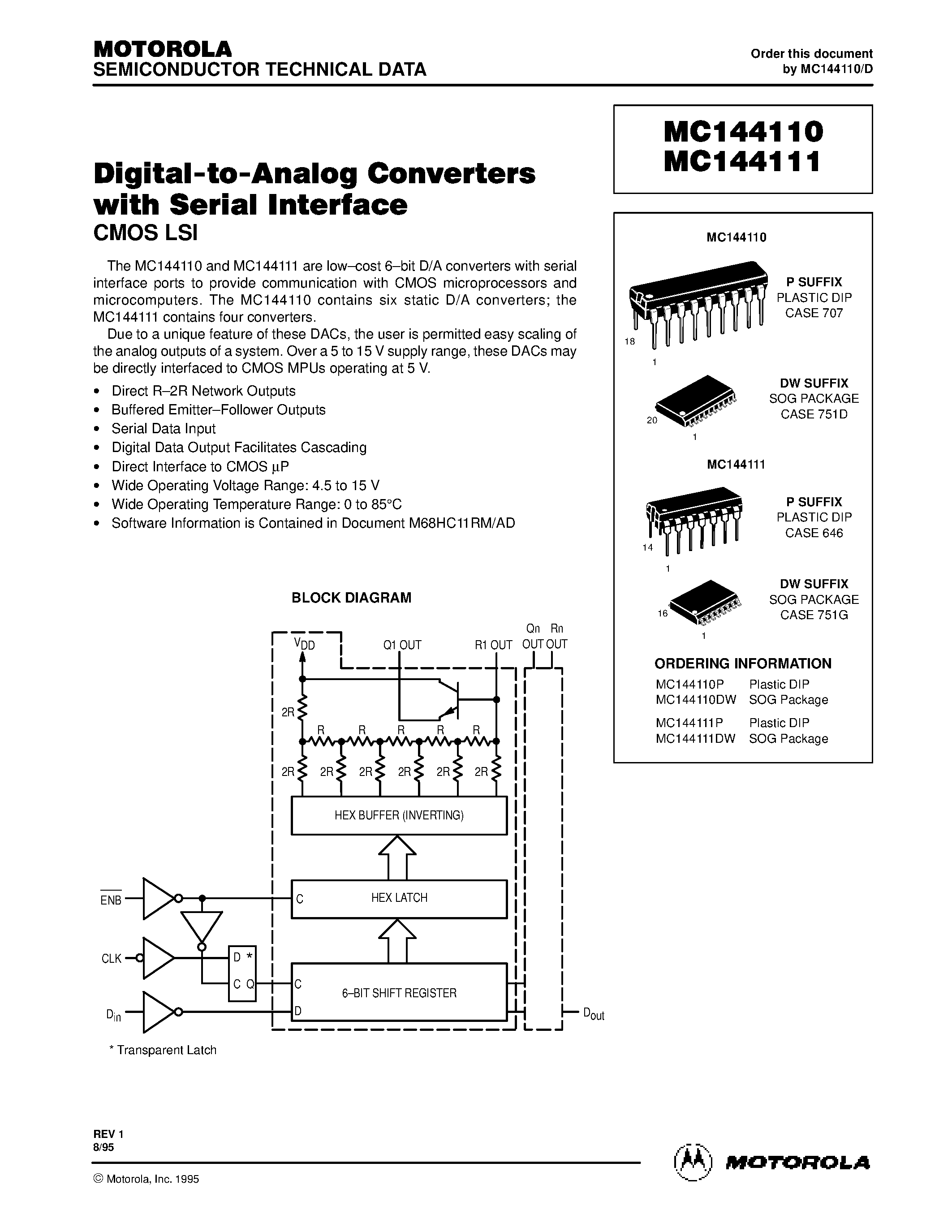 Даташит MC144110DW - Digital-to-Analog Converters with Serial Interface страница 1