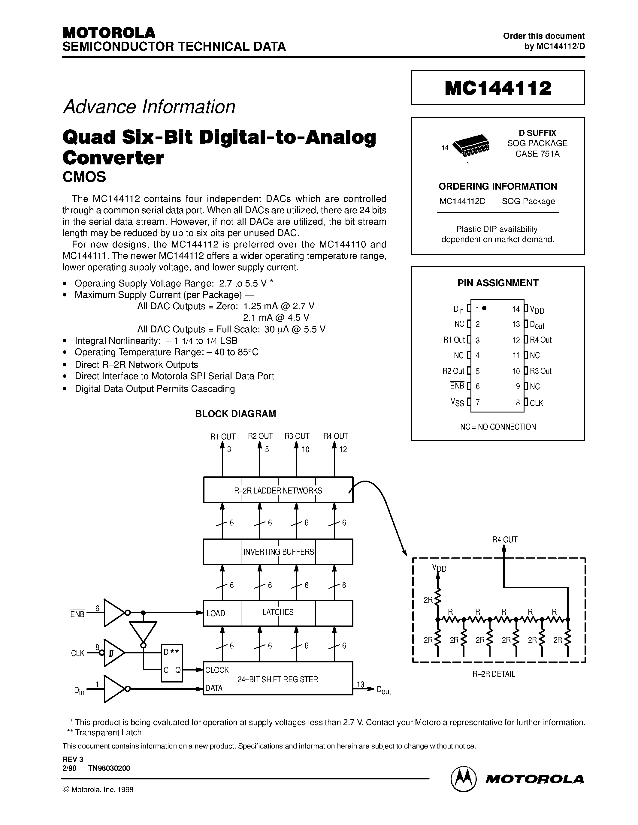 Даташит MC144112 - Quad Six-Bit Digital-to-Analog Converter страница 1