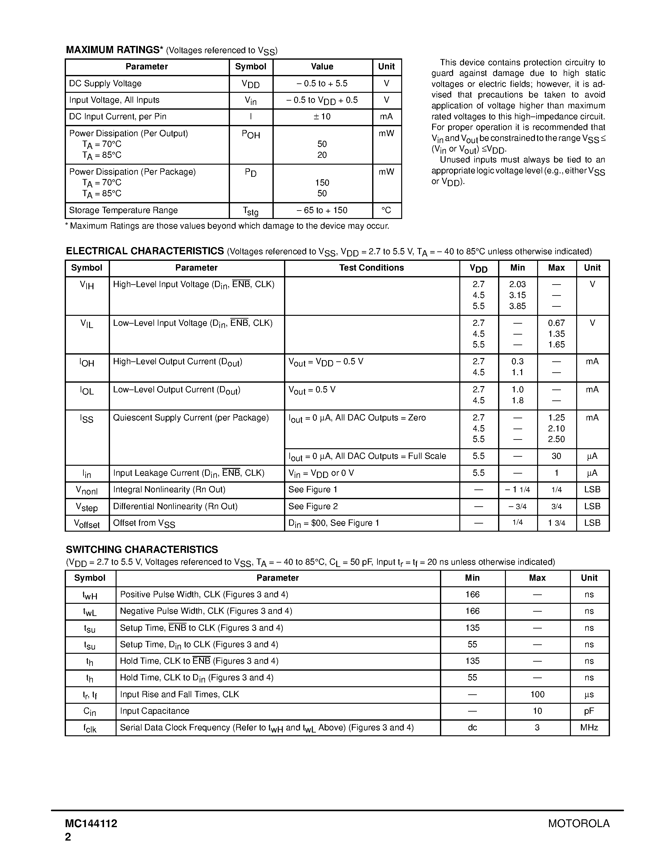 Даташит MC144112 - Quad Six-Bit Digital-to-Analog Converter страница 2