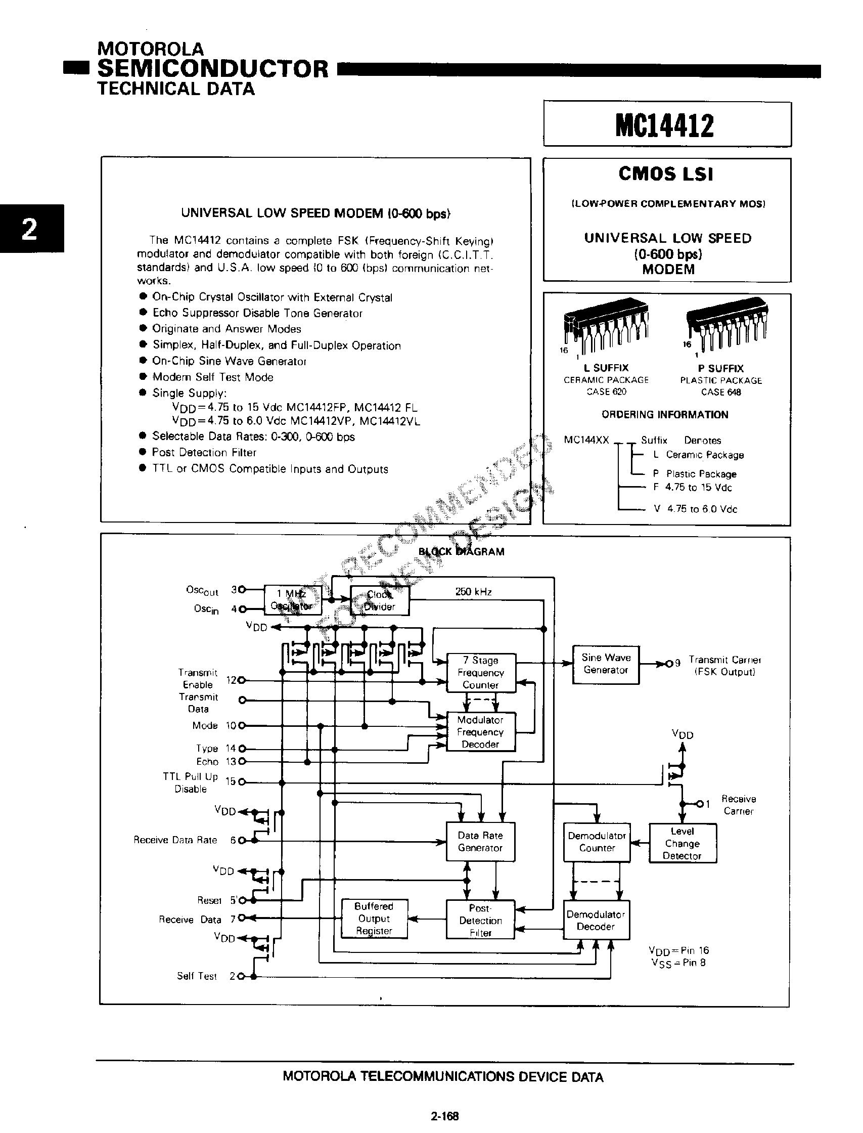 Даташит MC14412VP - UNIVERSAL LOW SPEED MODEM(0-600 bps) страница 1