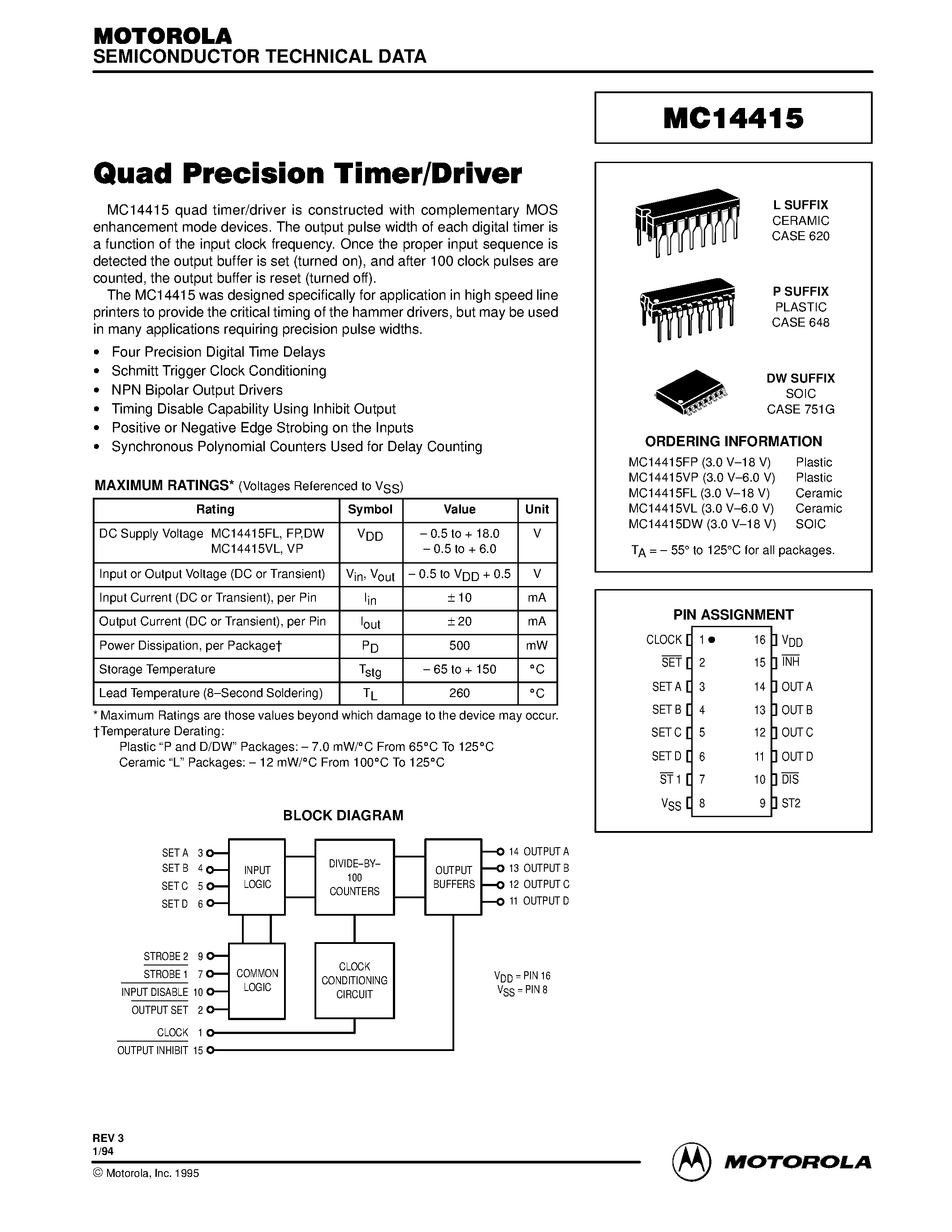 Даташит MC14415FL - Quad Precision Timer/Driver страница 1