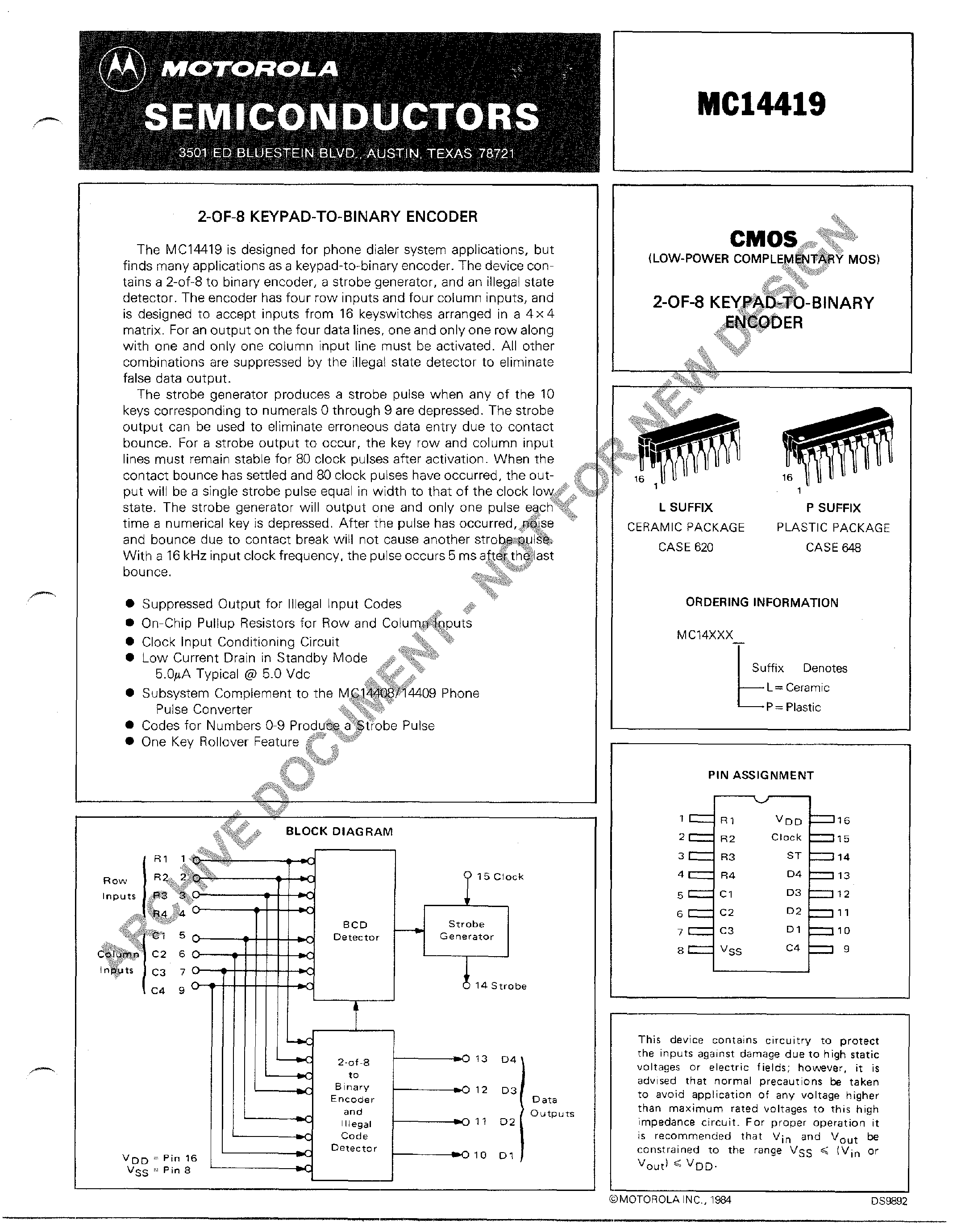 Даташит MC14419L - 2-Of-8 Keypad-To-Binary Encoder страница 1