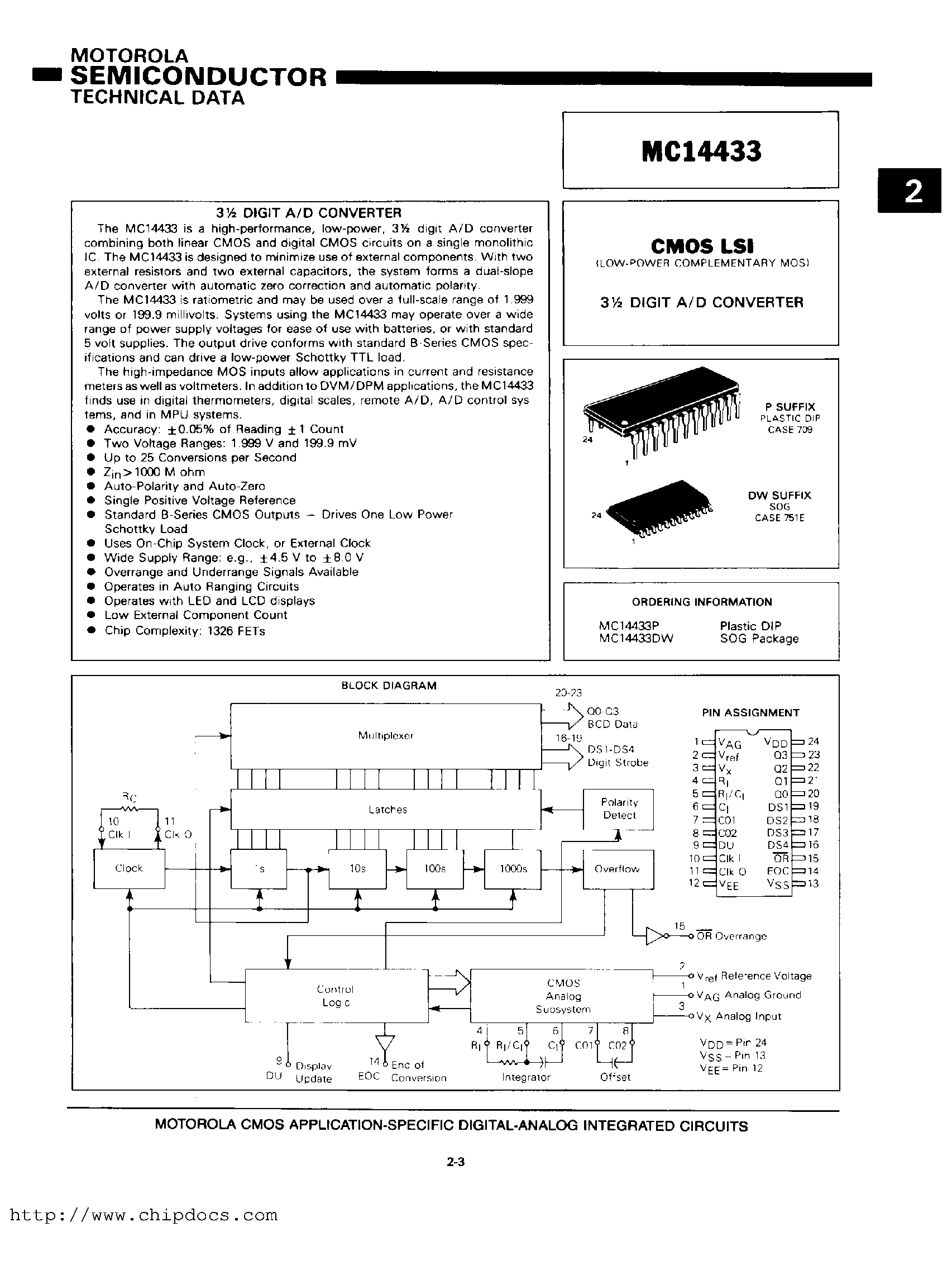 Даташит MC14433DW - CMOS LSI(3 1/2 DIGIT A/D CONVERTER) страница 1
