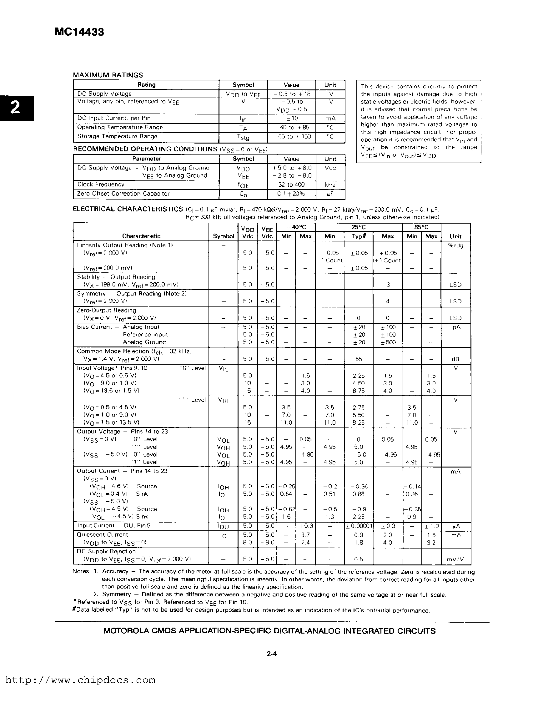 Даташит MC14433DW - CMOS LSI(3 1/2 DIGIT A/D CONVERTER) страница 2