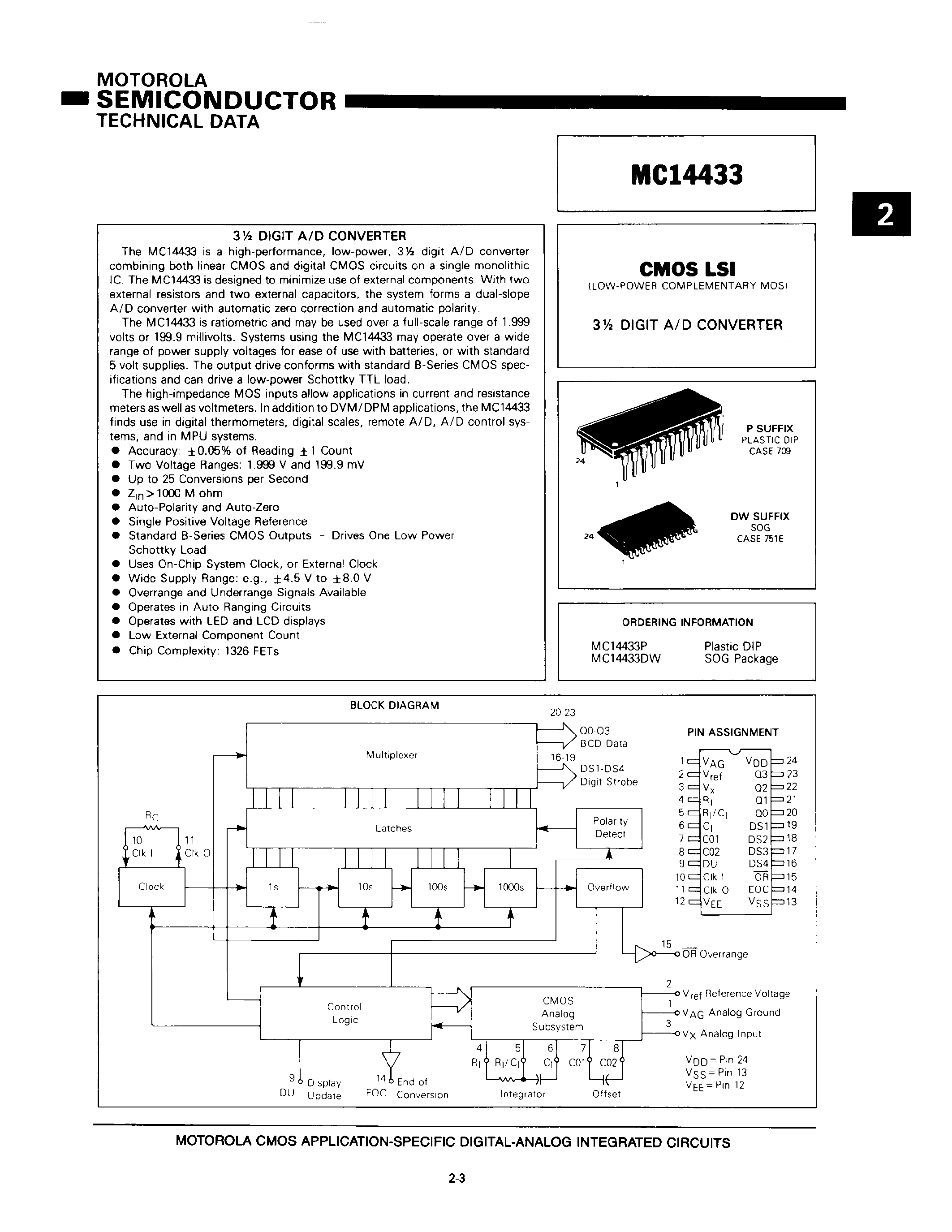 Даташит MC14433P - CMOS LSI(3 1/2 DIGIT A/D CONVERTER) страница 1