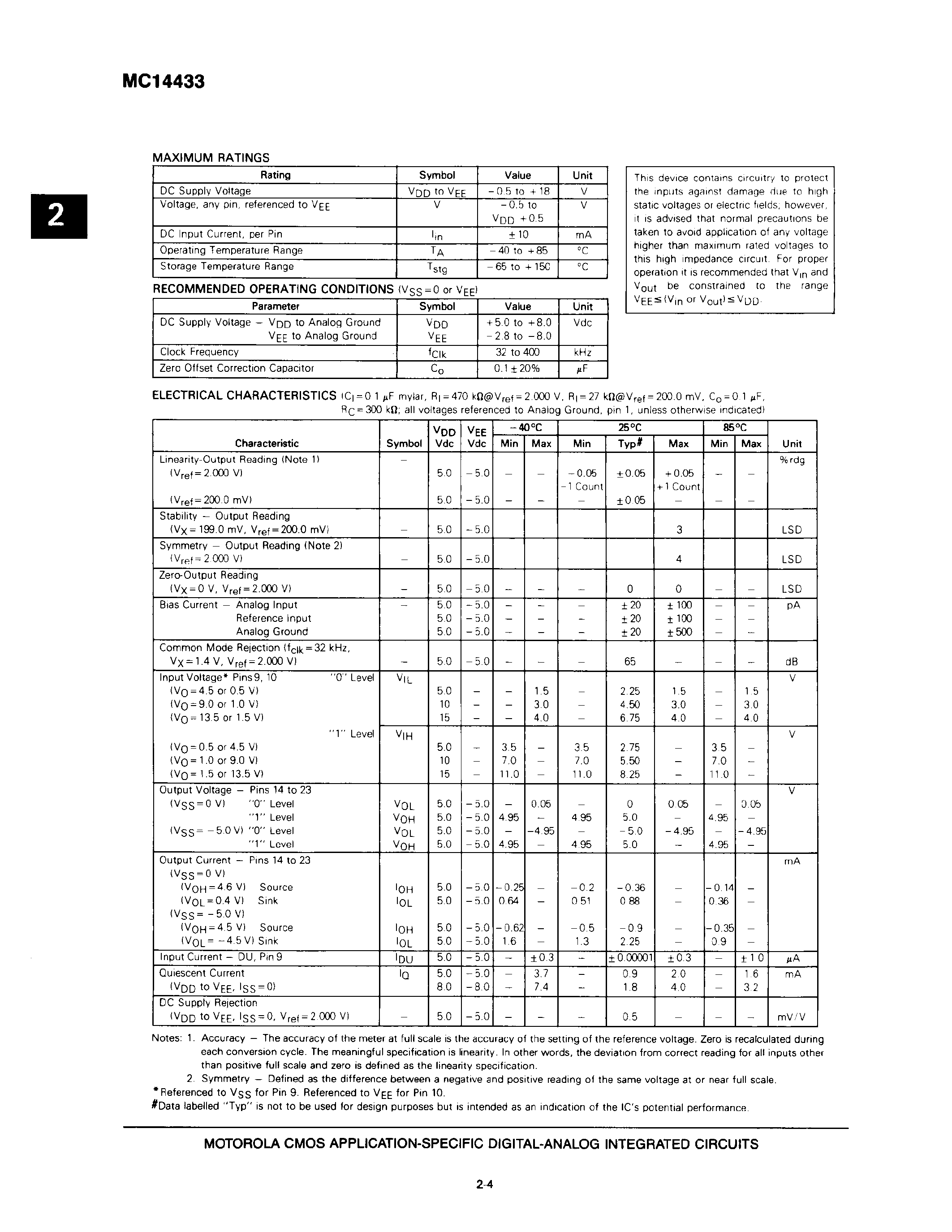 Даташит MC14433P - CMOS LSI(3 1/2 DIGIT A/D CONVERTER) страница 2