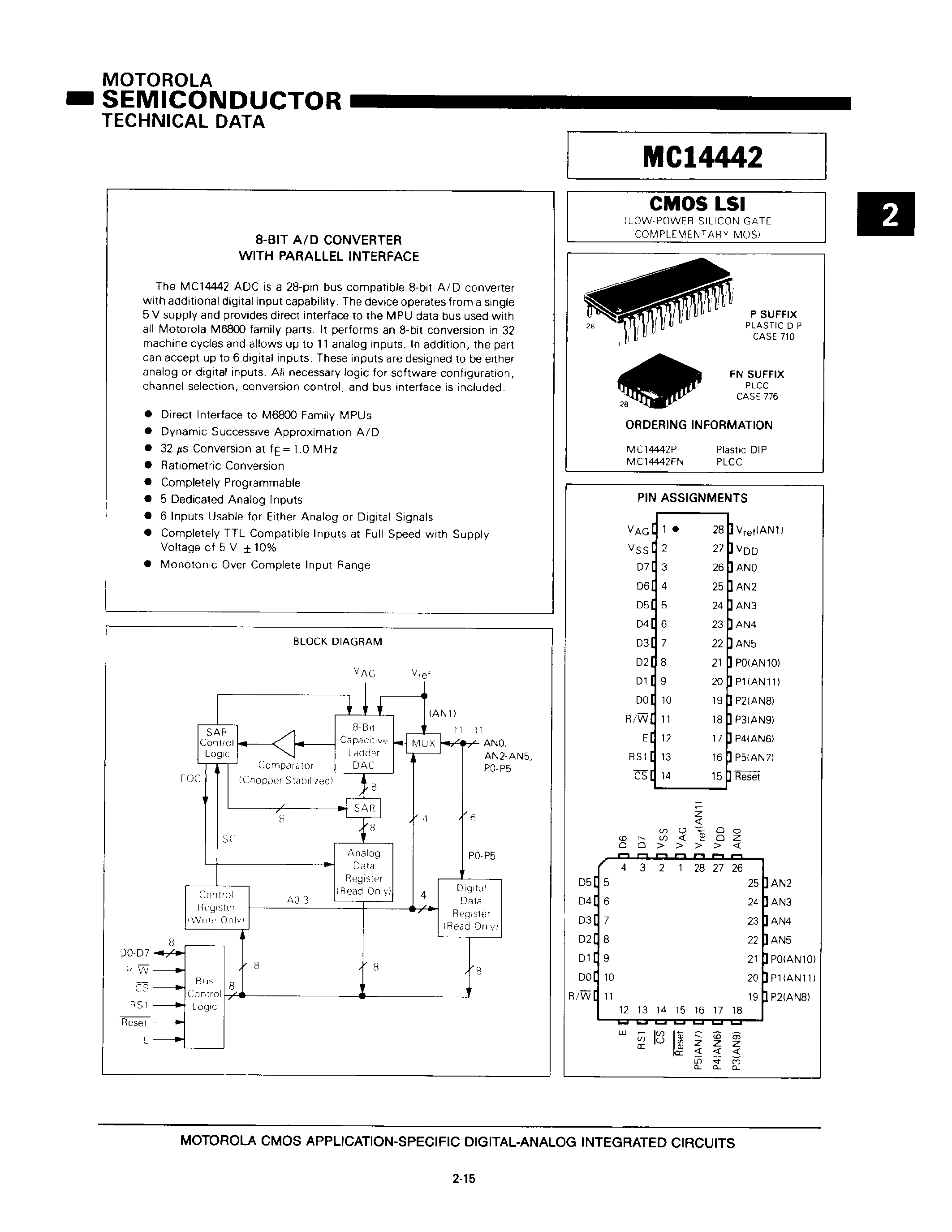 Даташит MC14442FN - 8-BIT A/D CONVERTER WITH PARALLEL INTERFACE страница 1