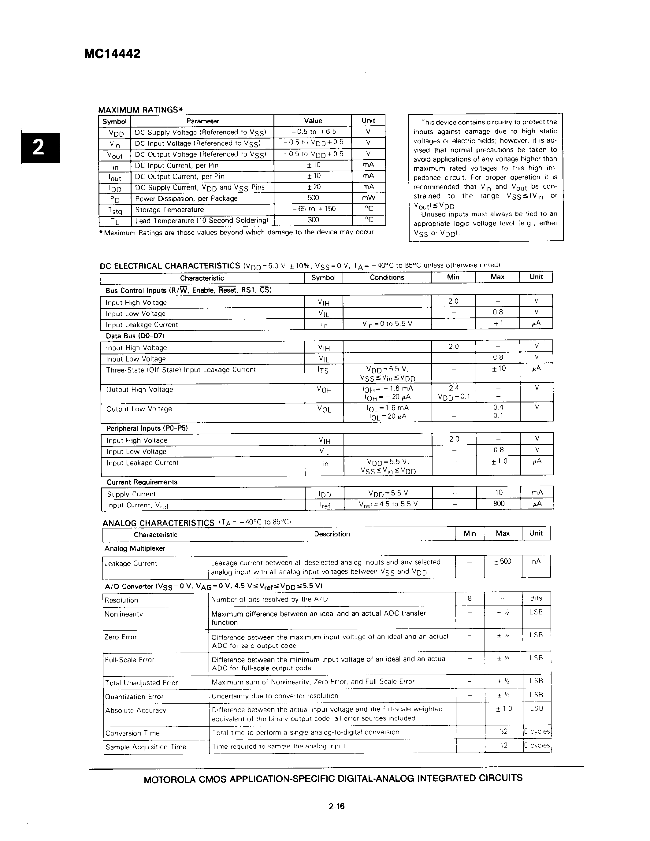 Даташит MC14442FN - 8-BIT A/D CONVERTER WITH PARALLEL INTERFACE страница 2