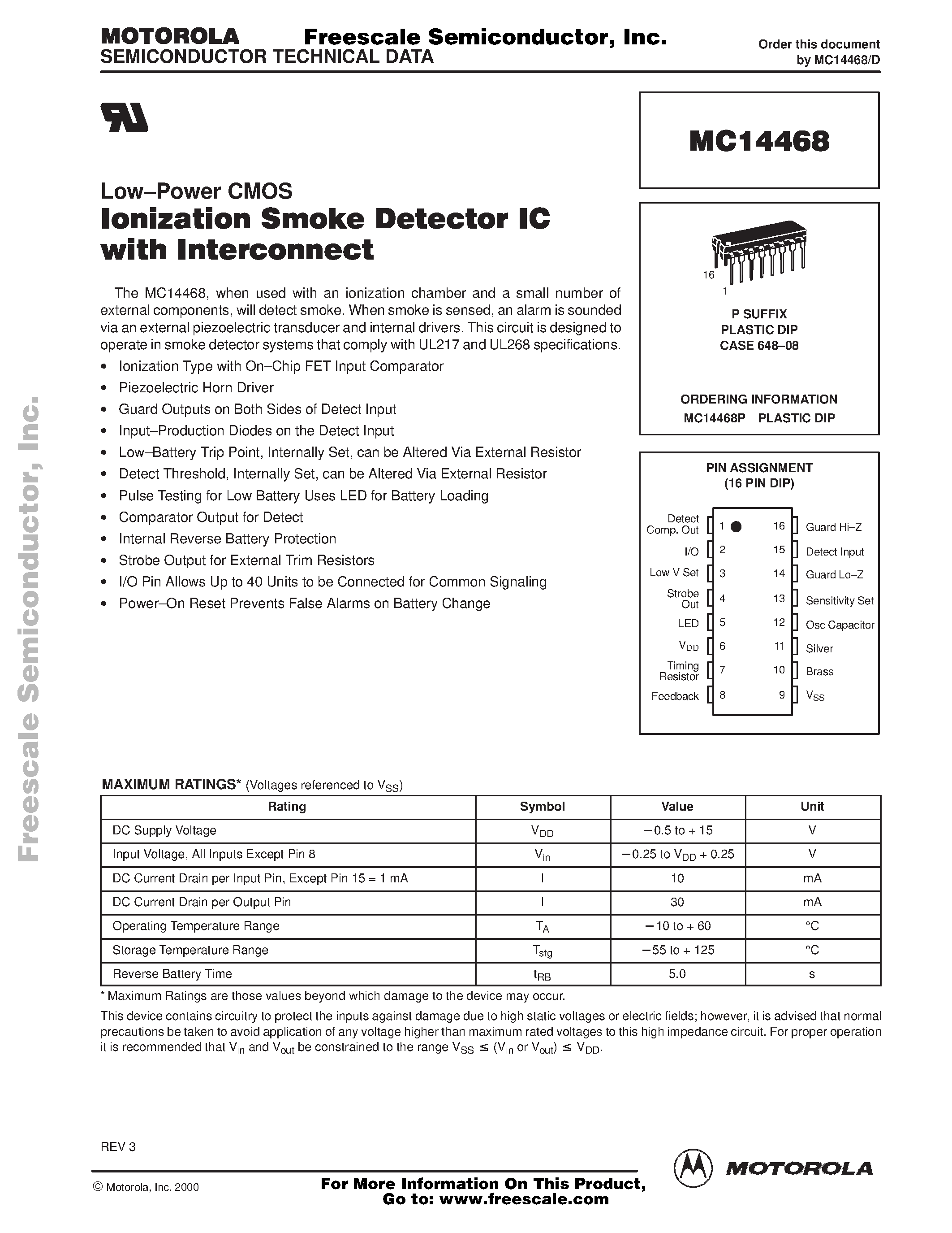 Даташит MC14468 - LONIZATION SMOKE DETECTOR IC WITH INTERCONNECT страница 1