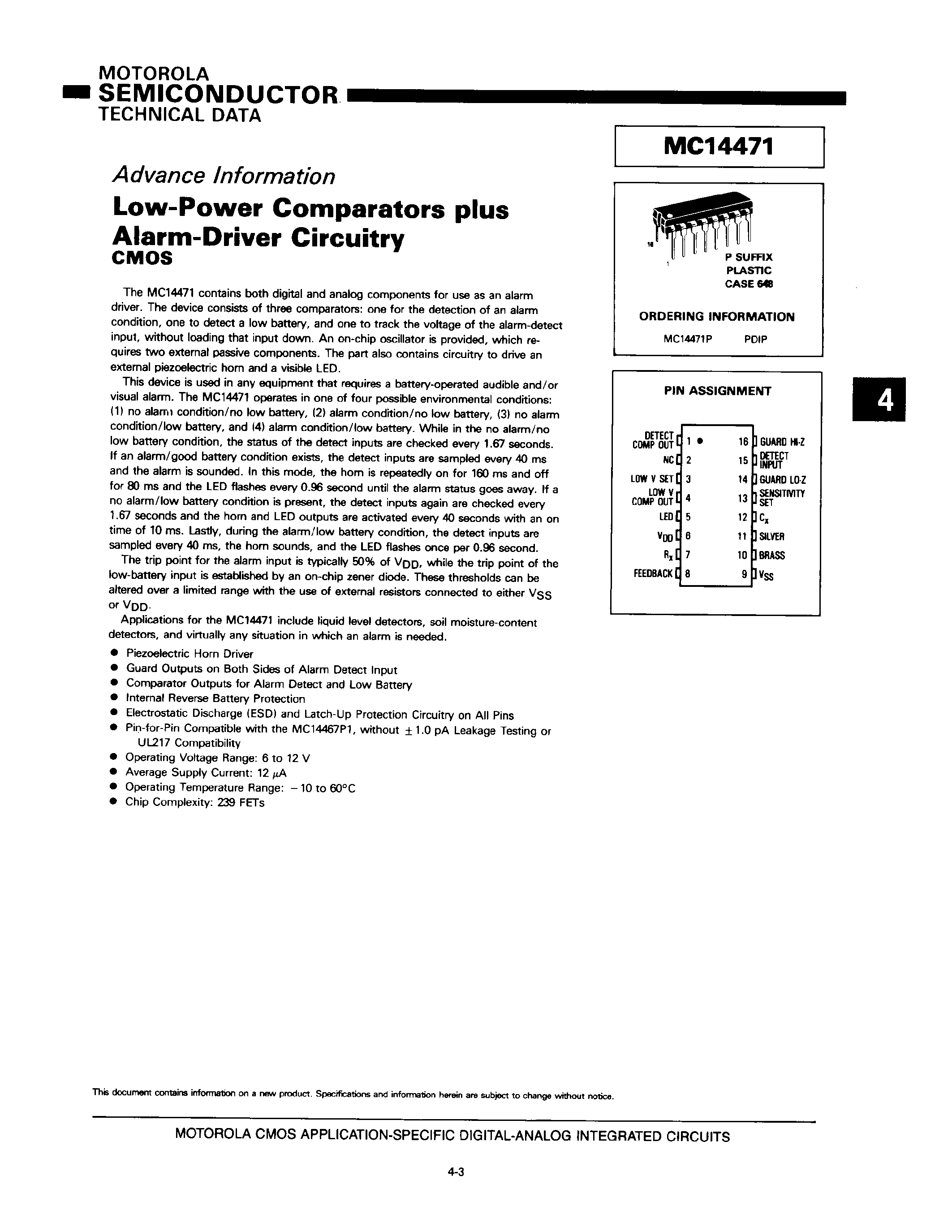 Даташит MC14471P - Low-Power Comparators plus Alarm-Driver Circuitry страница 1