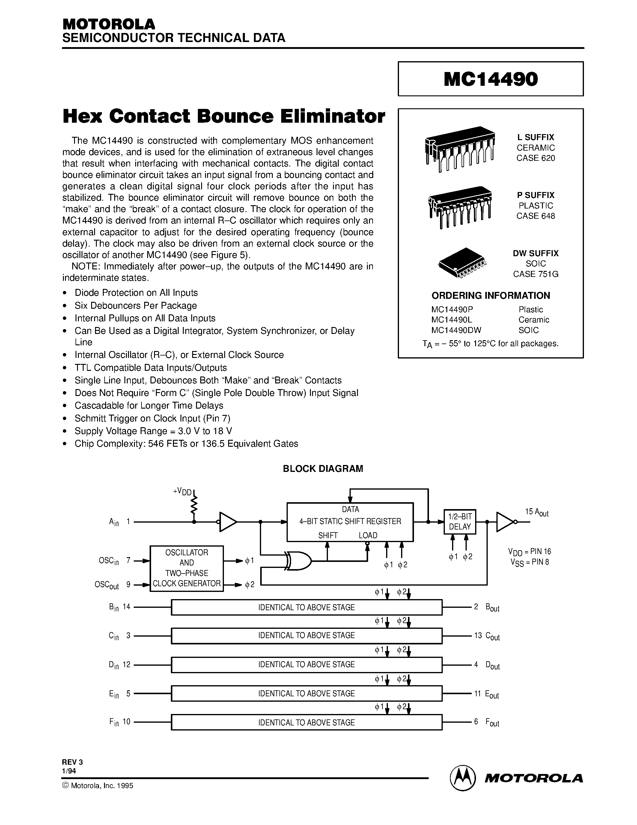 Даташит MC14490DW - Hex Contact Bounce Eliminator страница 1
