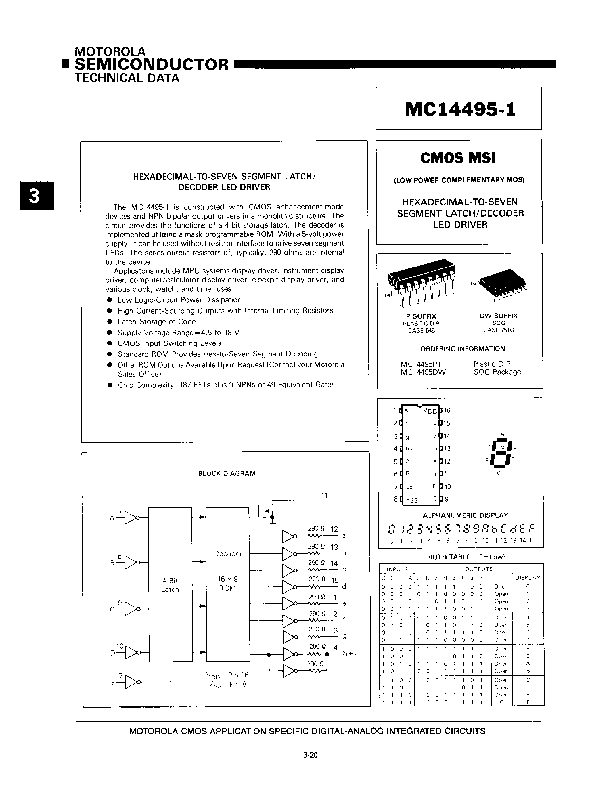 Даташит MC14495P1 - HEXADECIMAL-TO-SEVEN SEGMENT LATCH/DECODER LED DRIVER страница 1