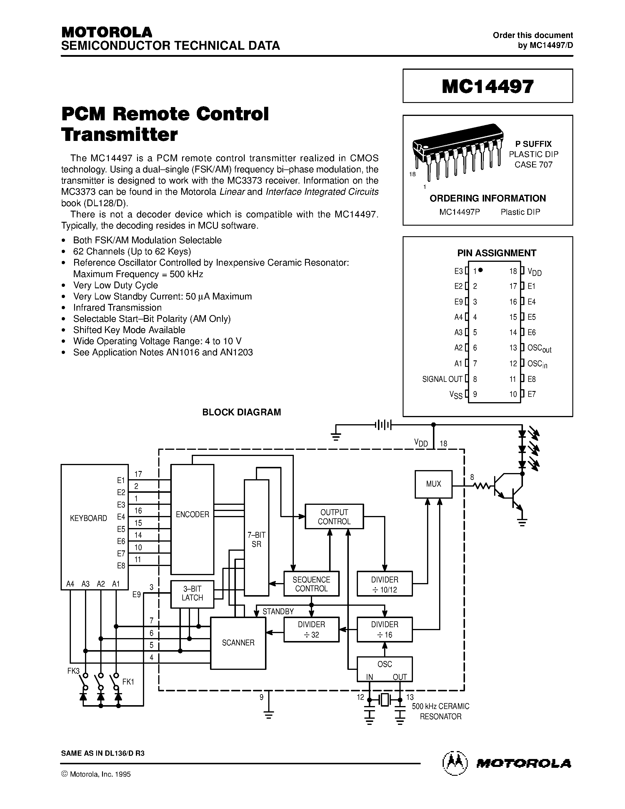 Даташит MC14497P - PCM Remote Control Transmitter страница 1
