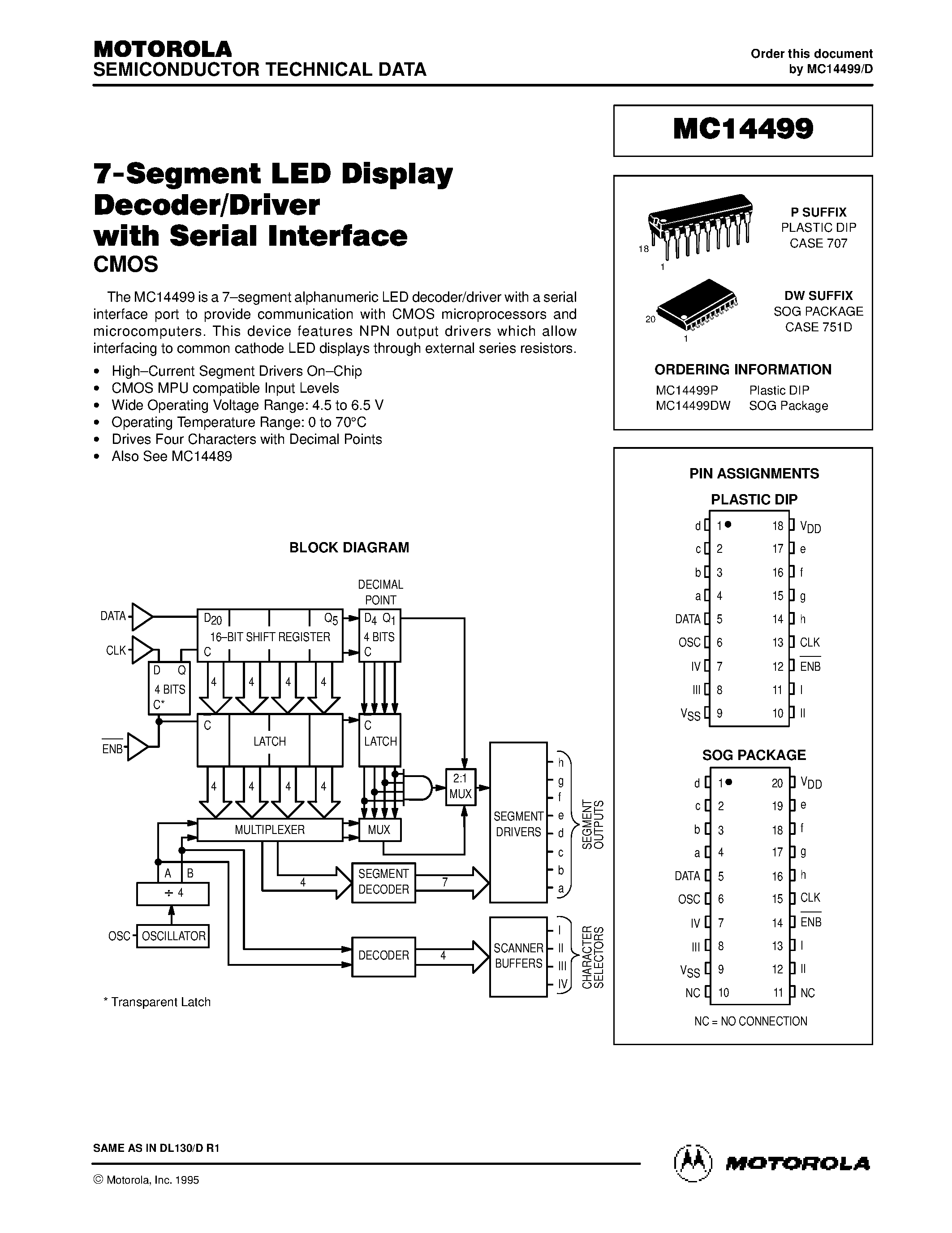 Даташит на микросхему MC14499 страница 1 Даташит MC14499 - 7-Segment LED Display Decoder/Driver with Serial Interface страница 1