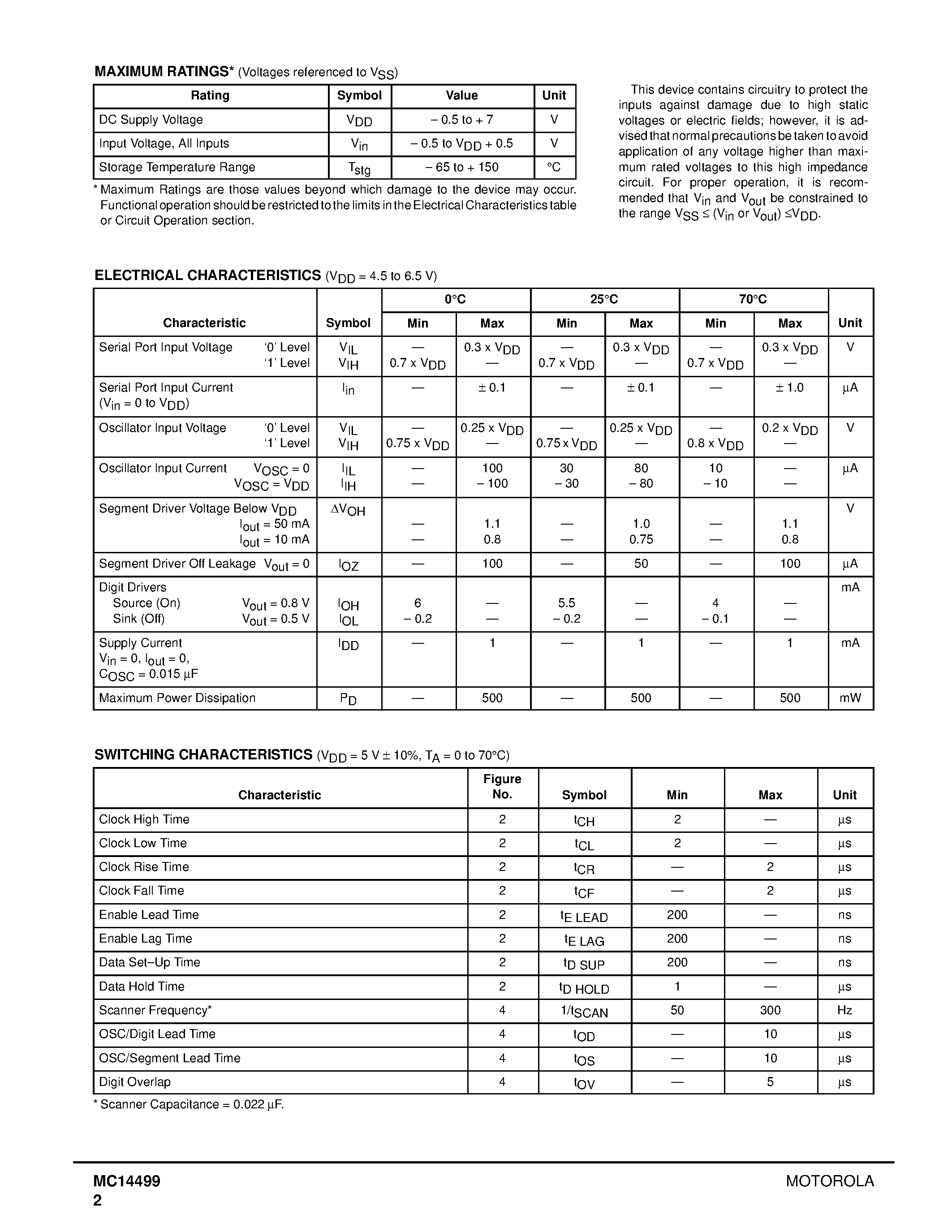 Datasheet MC14499P - 7-Segment LED Display Decoder/Driver with Serial Interface page 2