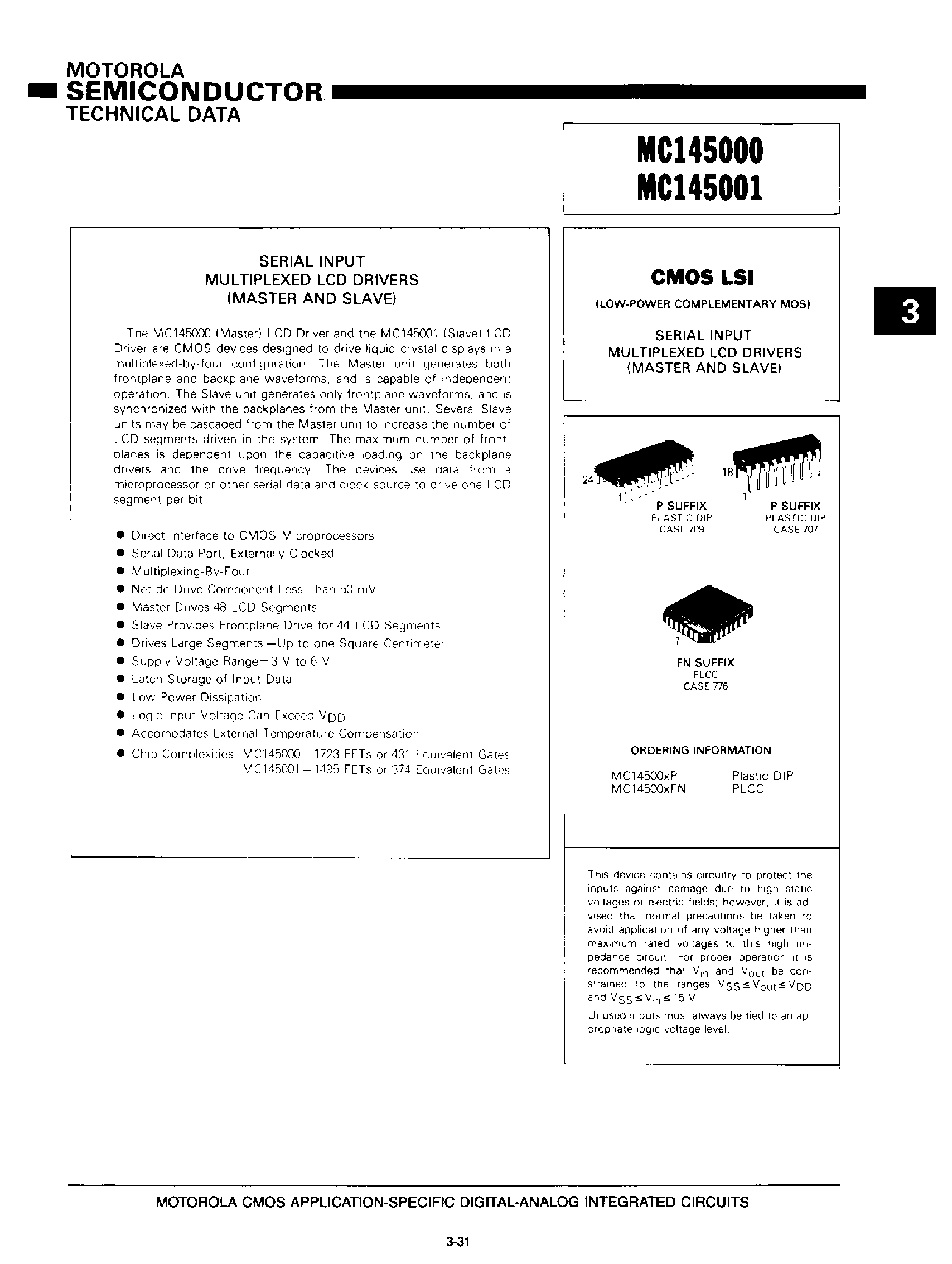 Datasheet MC145001P - SERIAL INPUT MULTIPLEXED LCD DRIVERS(MASTER AND SLAVE) page 1