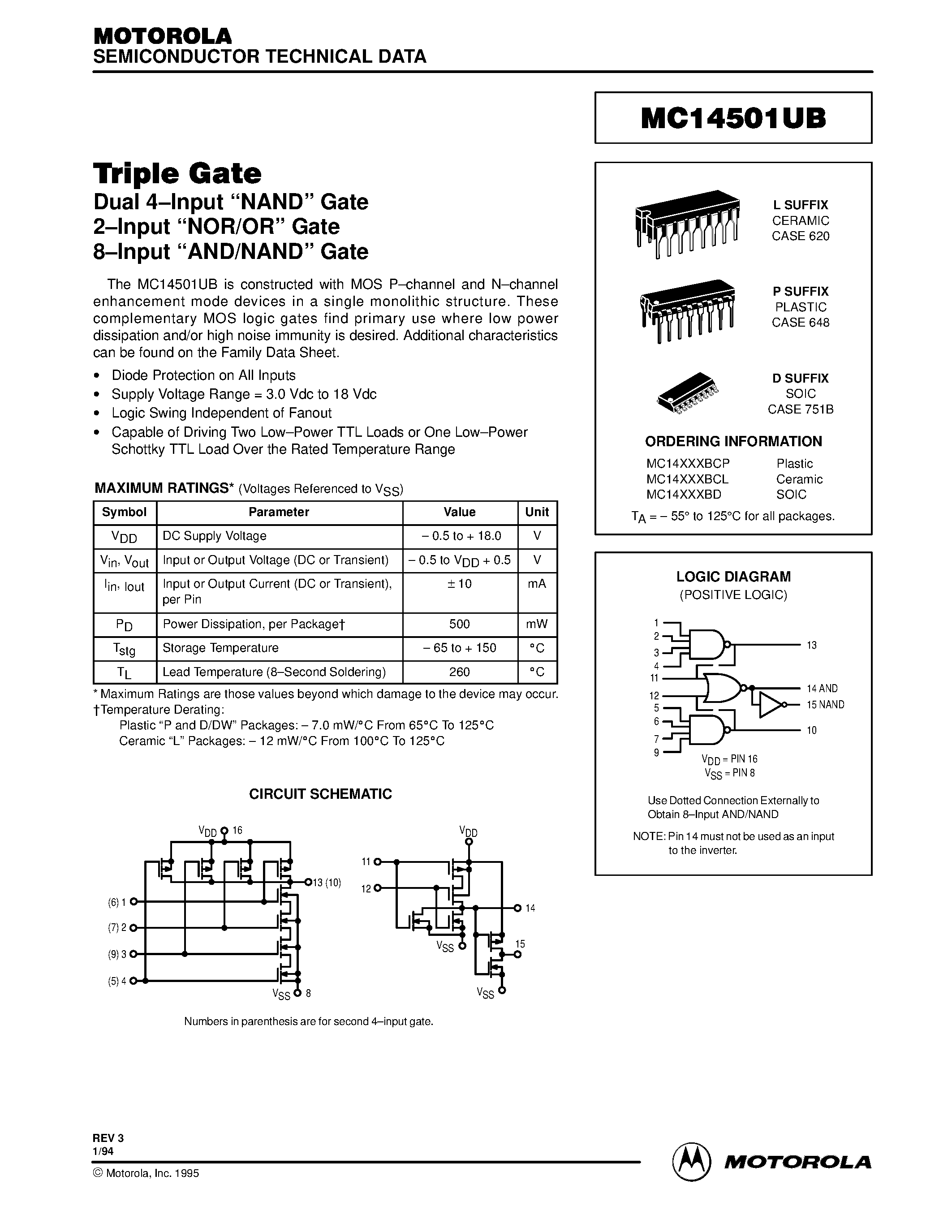 Datasheet MC14501BCL - Dual 4-Input NAND Gate / 2-Input NOR/OR Gate / 8-Input AND/NAND Gate page 1
