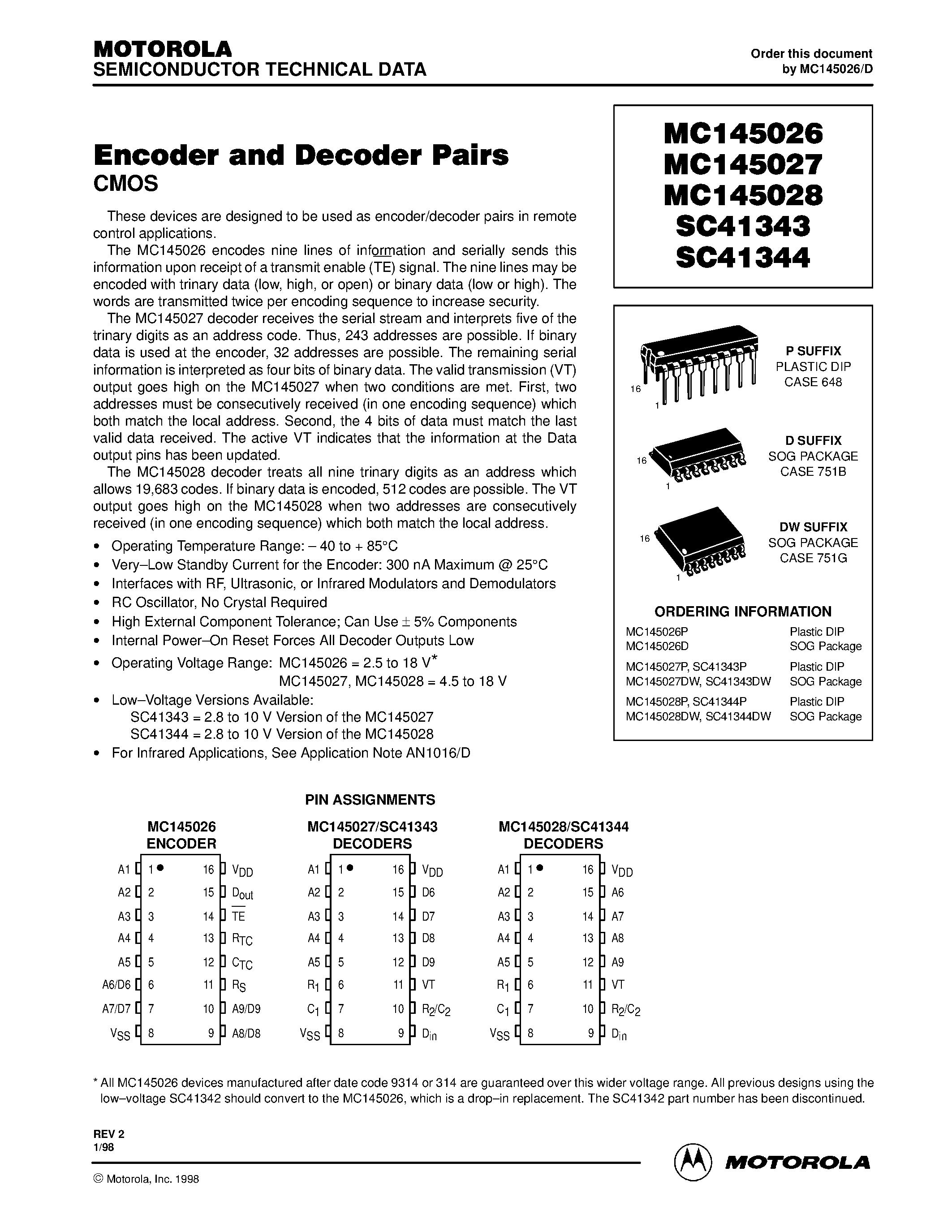 Даташит MC145028P - Encoder and Decoder Pairs страница 1