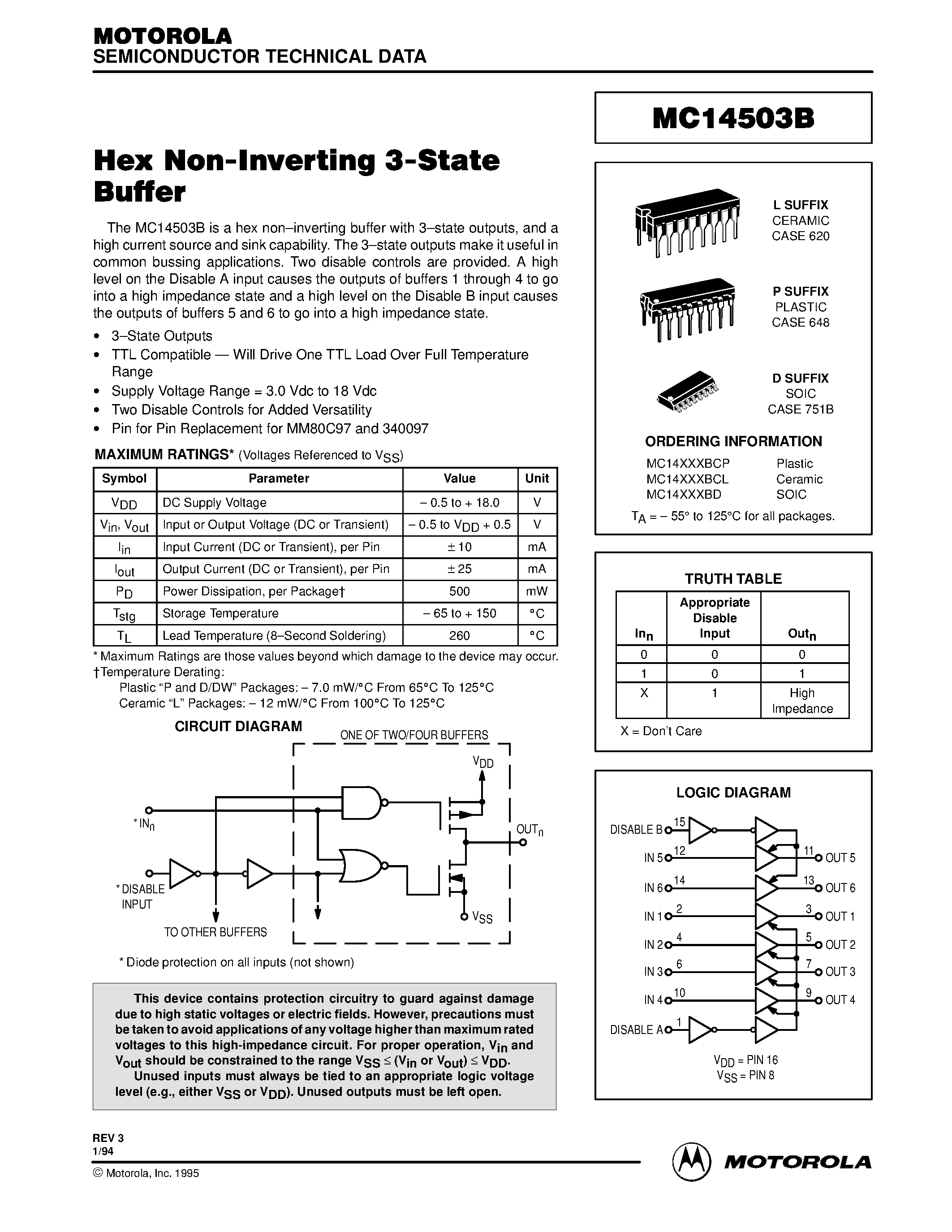 Даташит MC14503 - Hex Non-Inverting 3-State Buffer страница 1