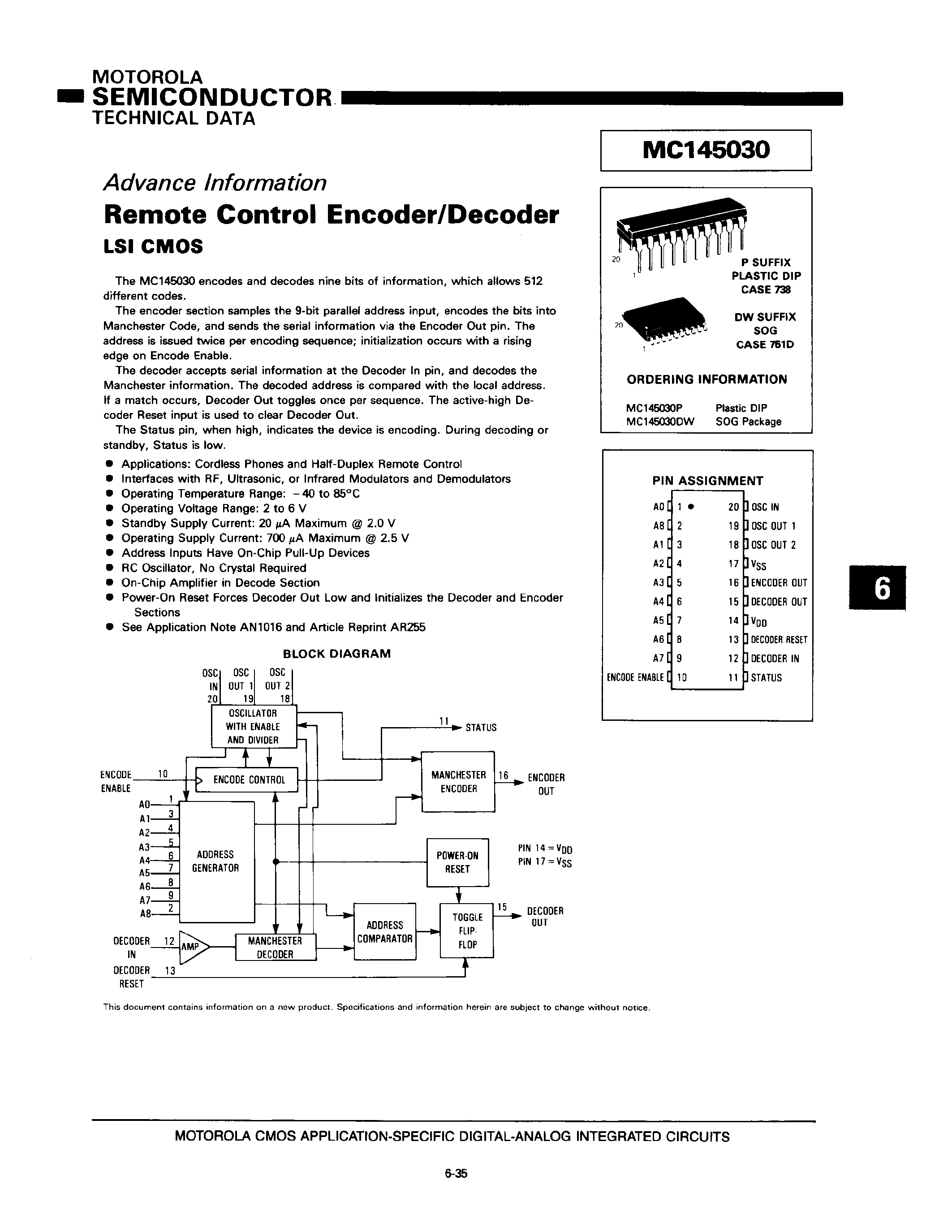 Даташит MC145030DW - Remote Control Encoder/Decoder LSI CMOS страница 1