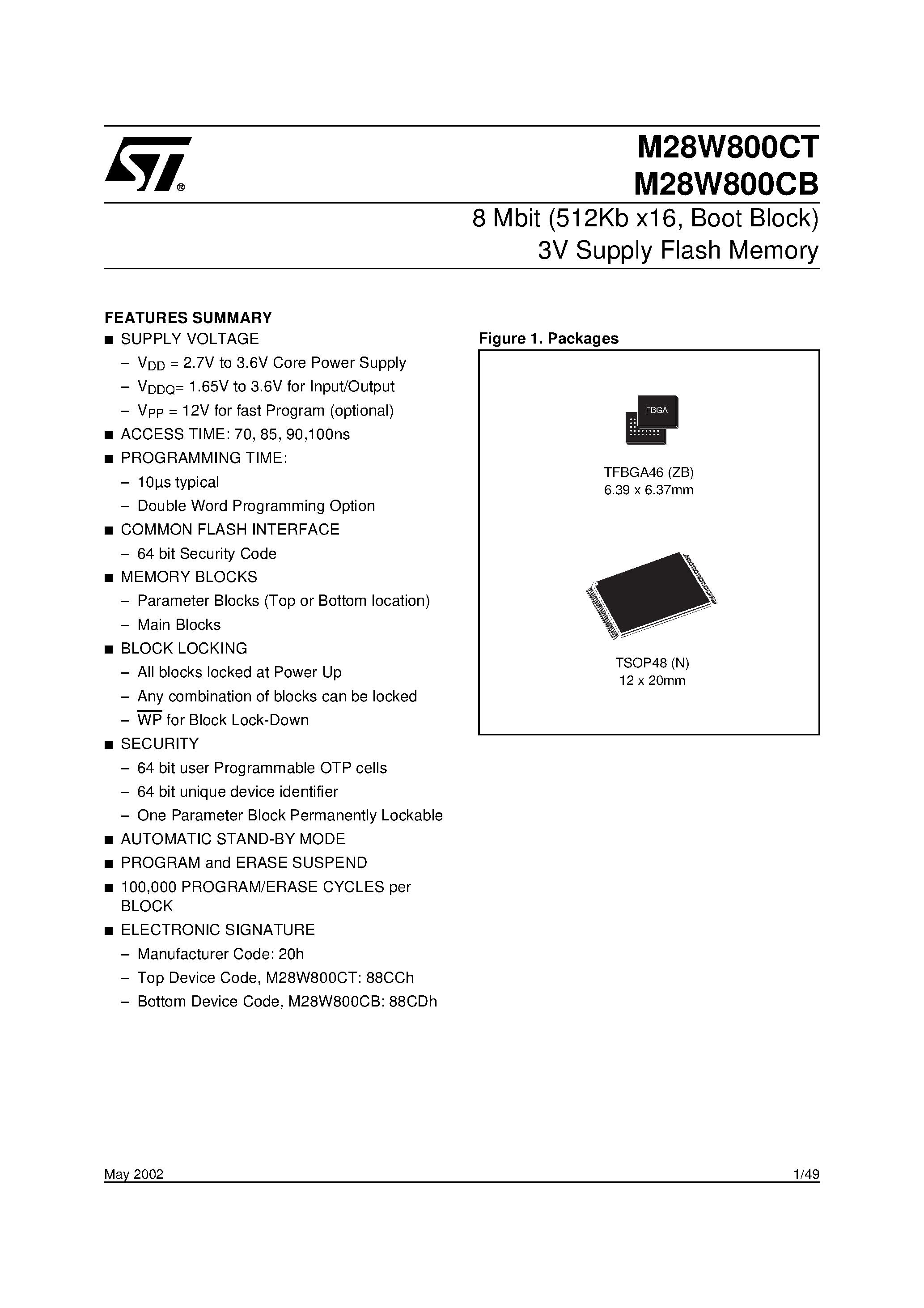 Datasheet M28W800CT100N6T - 8 Mbit 512Kb x16 / Boot Block 3V Supply Flash Memory page 1