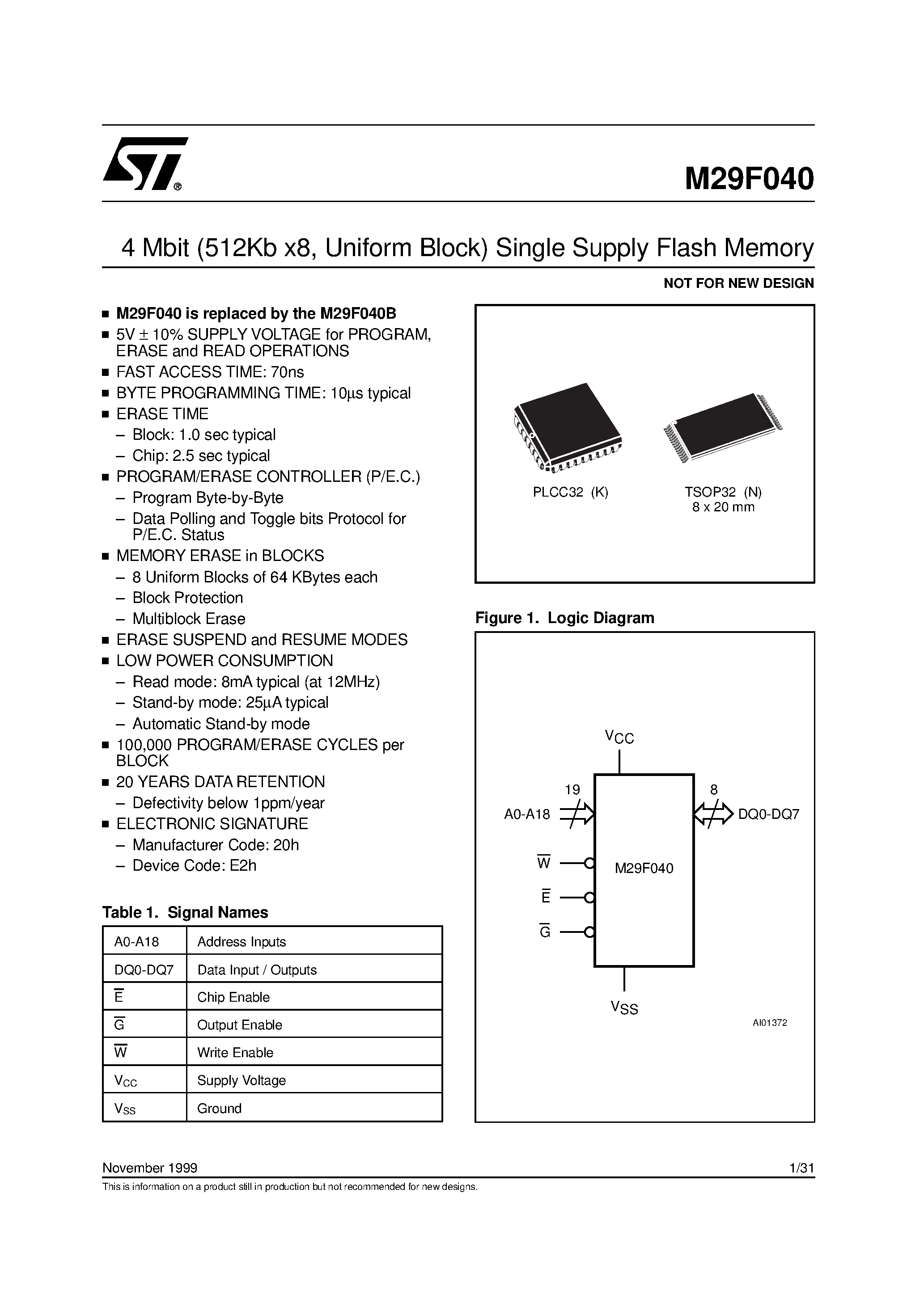 Datasheet M295V040 page 1 Datasheet M295V040 - 4 Mbit 512Kb x8 / Uniform Block Single Supply Flash Memory page 1