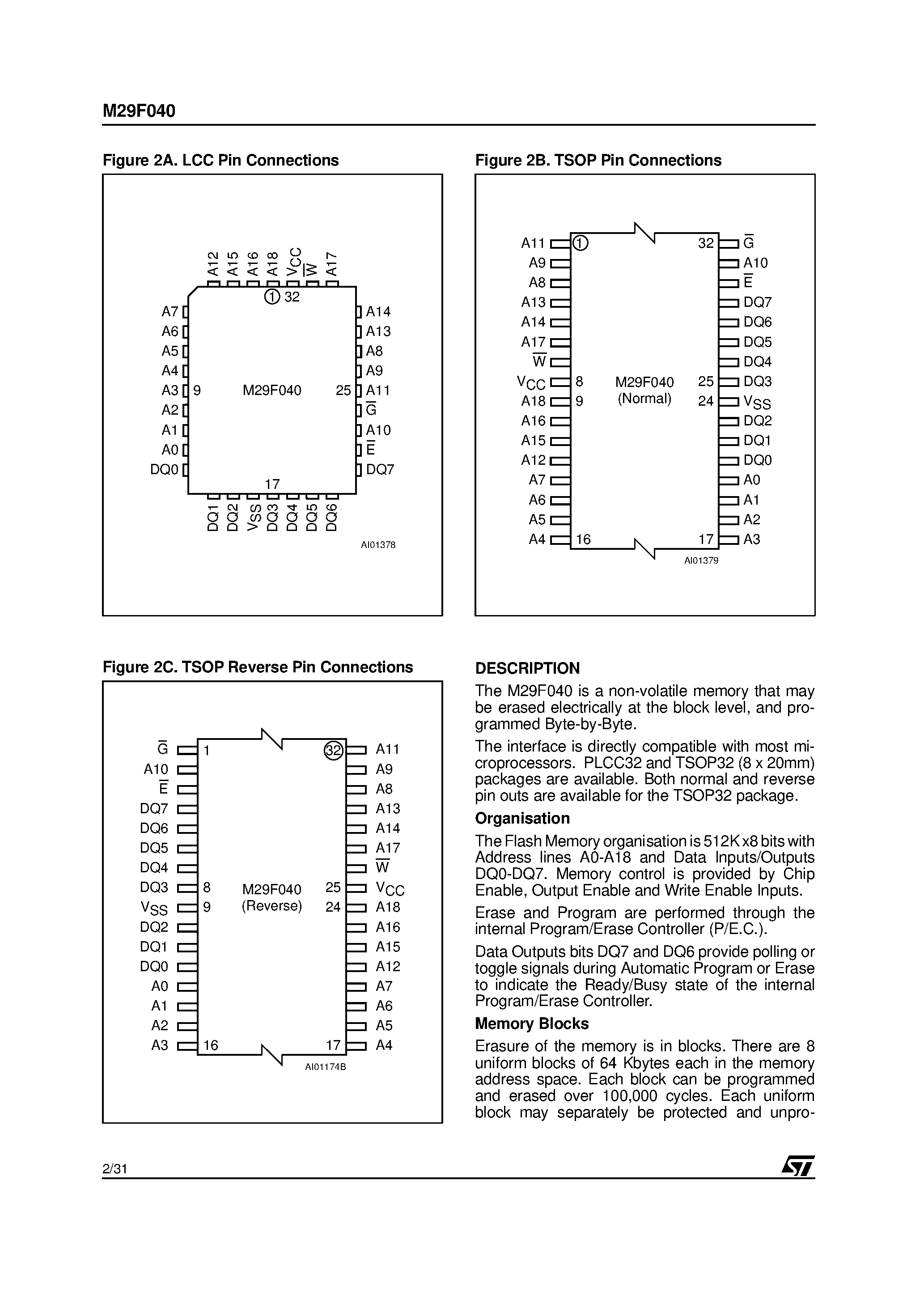 Datasheet M295V040 page 2 Datasheet M295V040 - 4 Mbit 512Kb x8 / Uniform Block Single Supply Flash Memory page 2