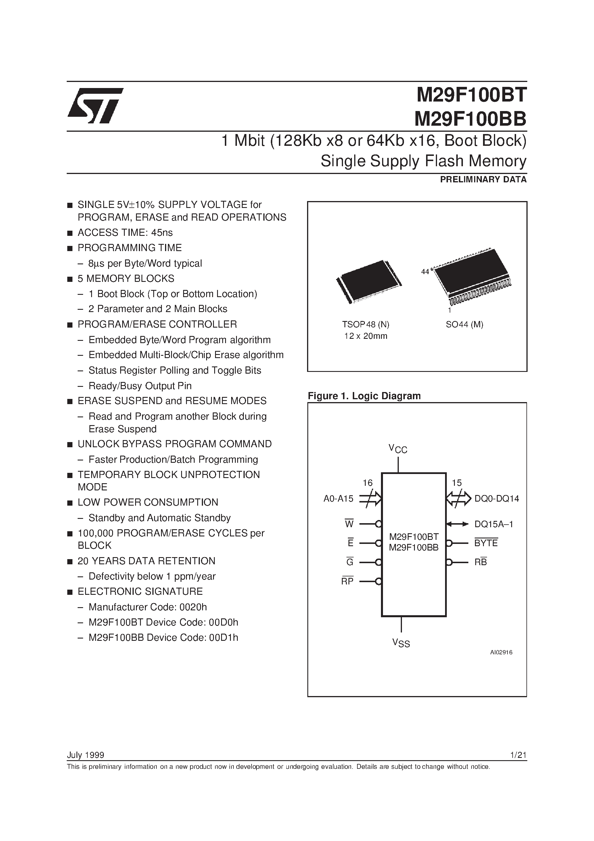 Datasheet M295V100BB - 1 Mbit 128Kb x8 or 64Kb x16 / Boot Block Single Supply Flash Memory page 1