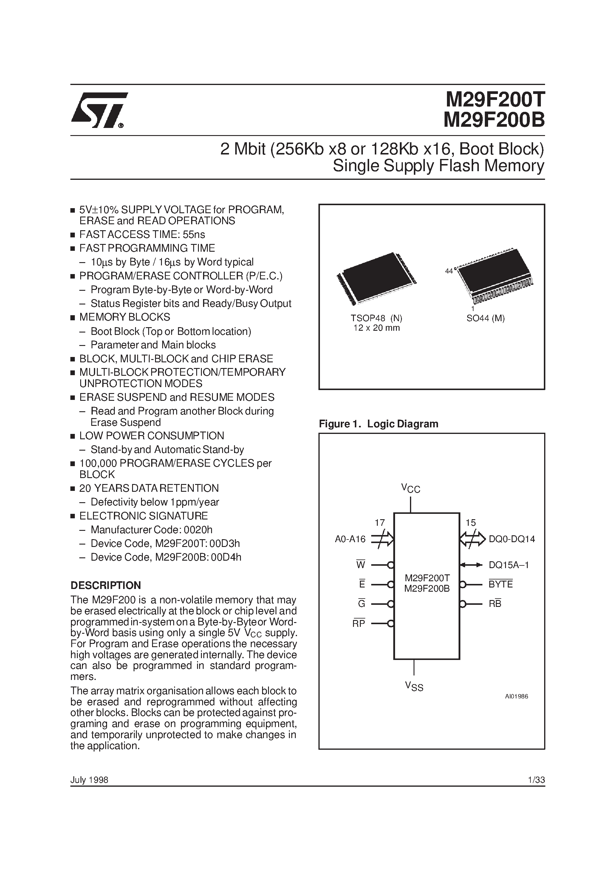 Datasheet M295V200B page 1 Datasheet M295V200B - 2 Mbit 256Kb x8 or 128Kb x16 / Boot Block Single Supply Flash Memory page 1