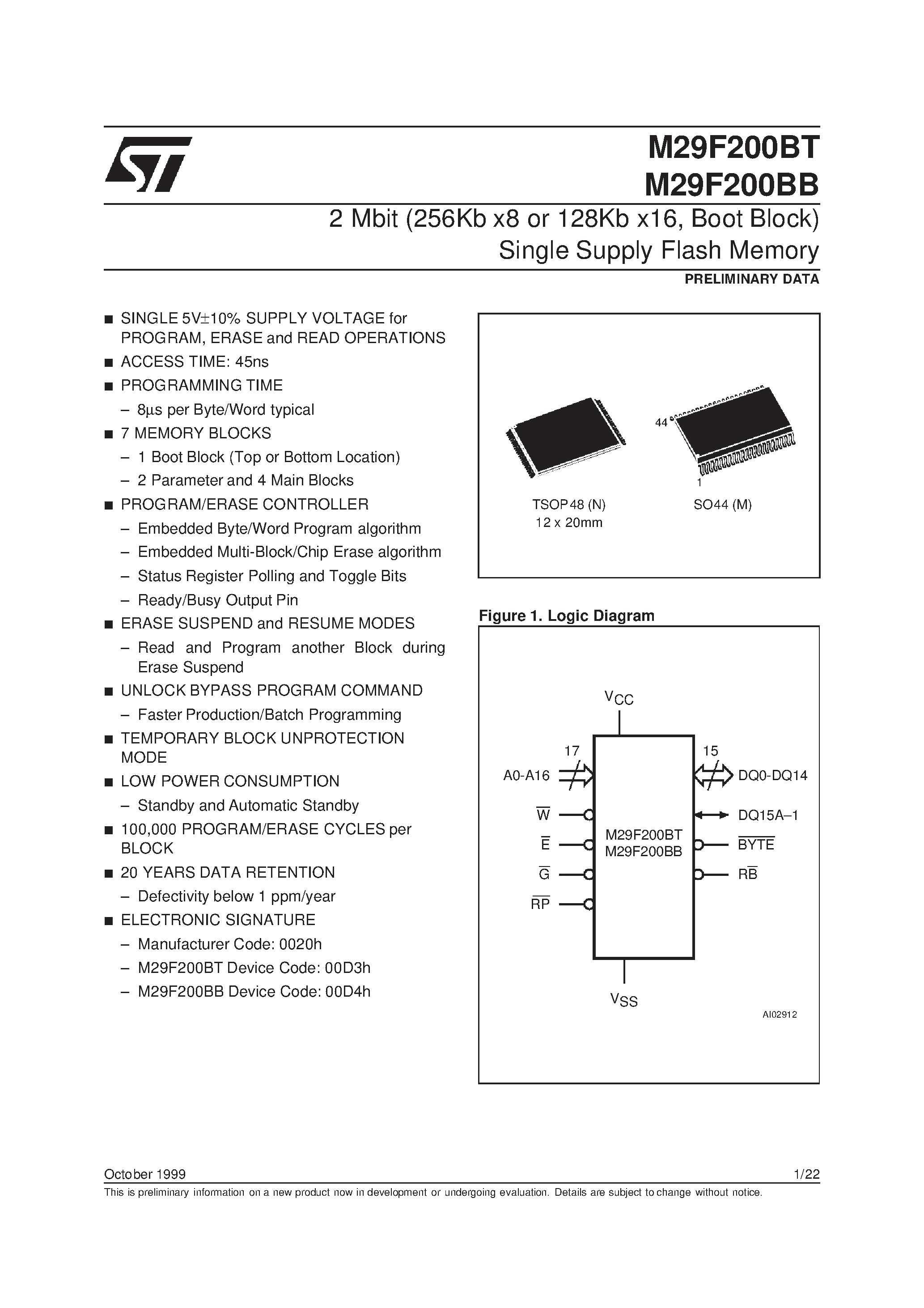Datasheet M295V200BB page 1 Datasheet M295V200BB - 2 Mbit 256Kb x8 or 128Kb x16 / Boot Block Single Supply Flash Memory page 1