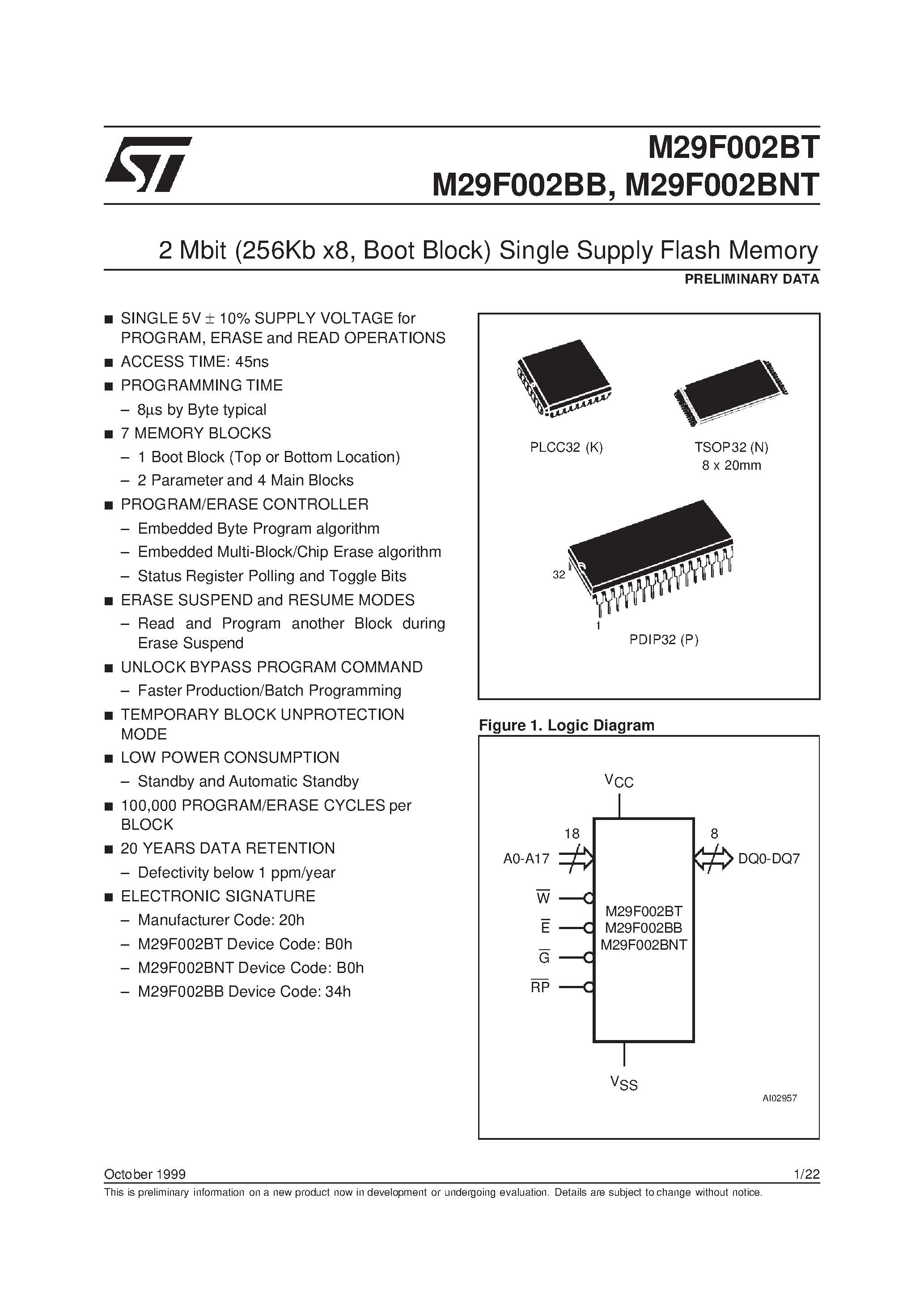 Datasheet M29F002BNT page 1 Datasheet M29F002BNT - 2 Mbit 256Kb x8 / Boot Block Single Supply Flash Memory page 1