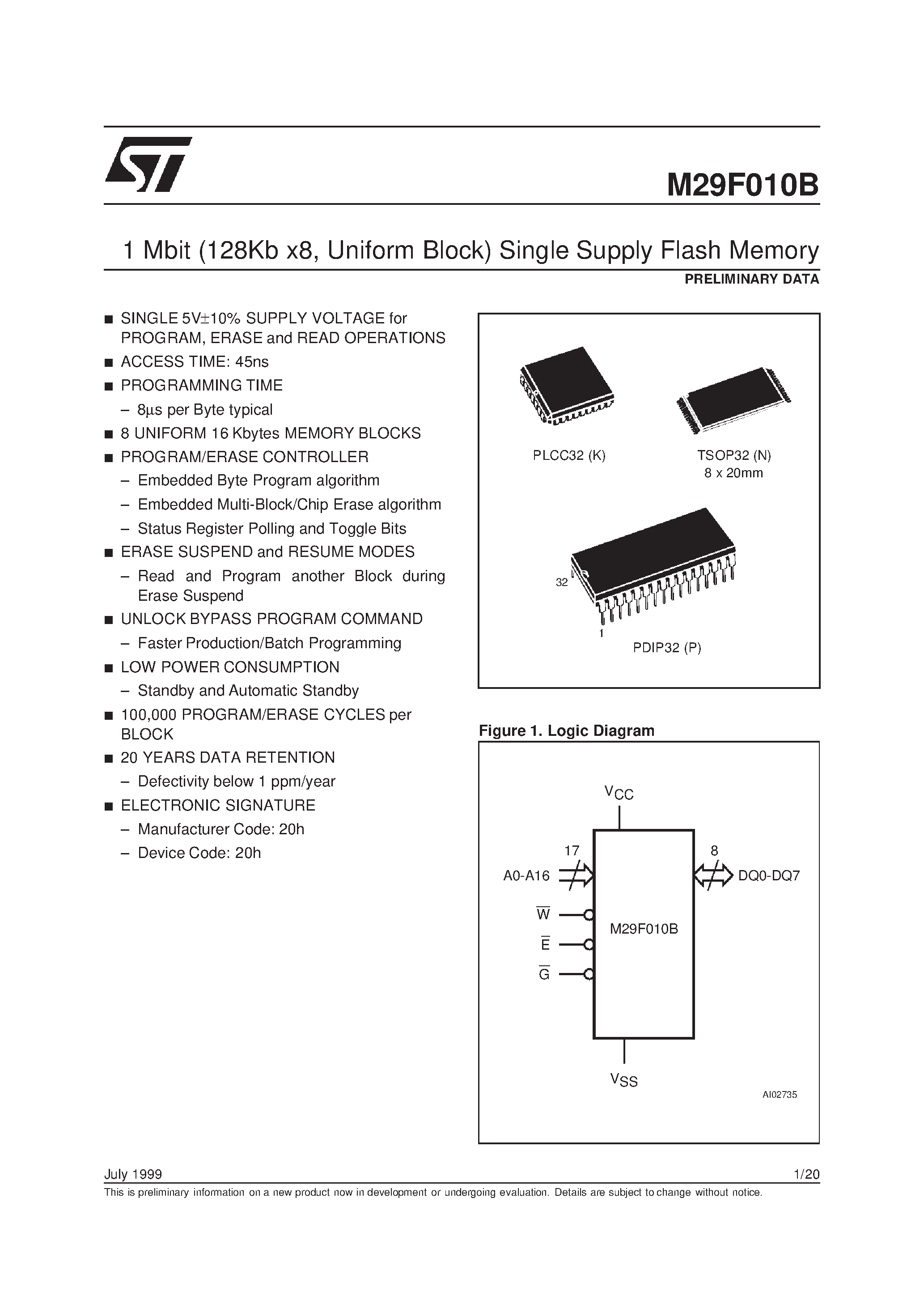 Datasheet M29F010B - 1 Mbit 128Kb x8 / Uniform Block Single Supply Flash Memory page 1