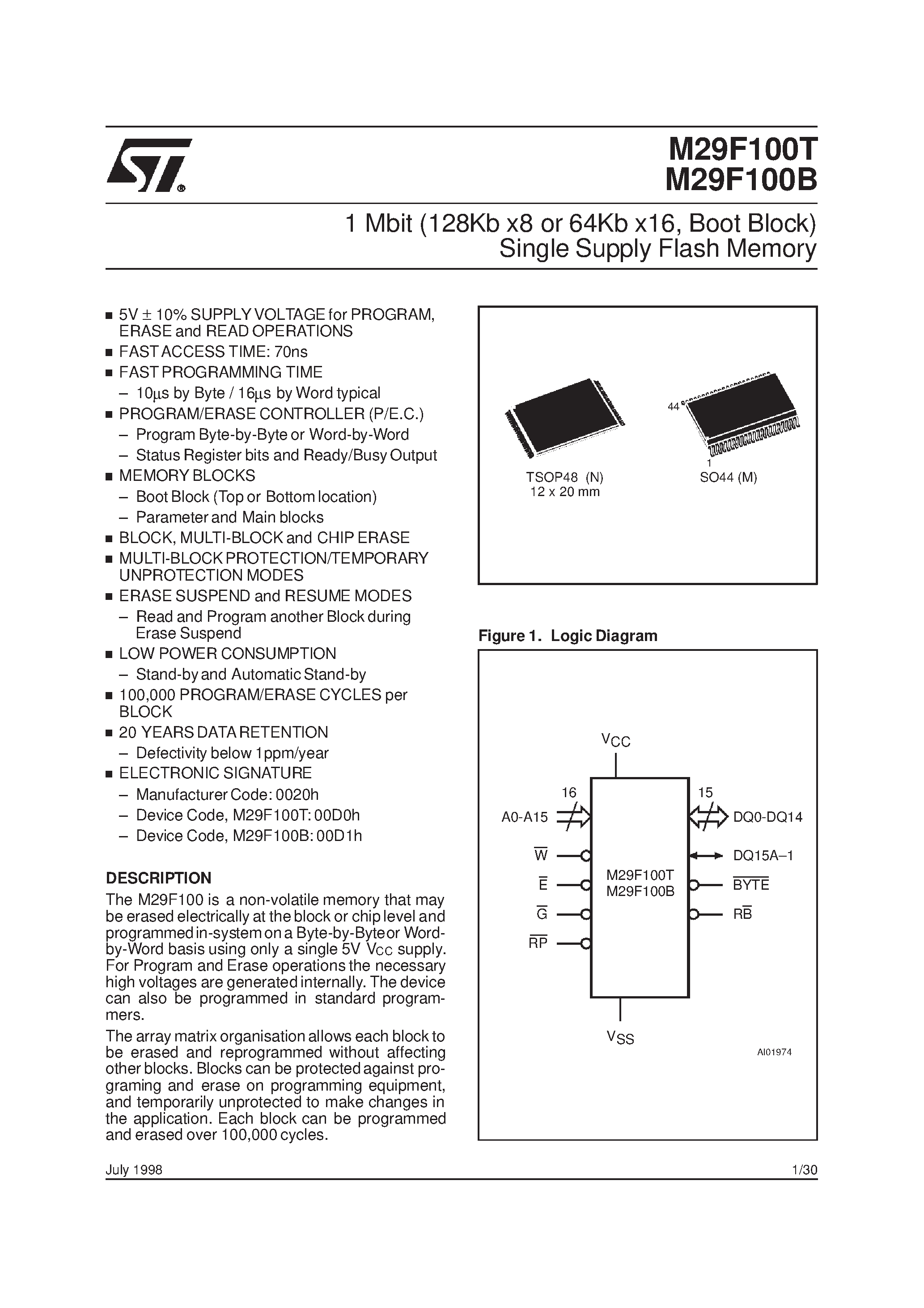 Datasheet M29F100B - 1 Mbit 128Kb x8 or 64Kb x16 / Boot Block Single Supply Flash Memory page 1