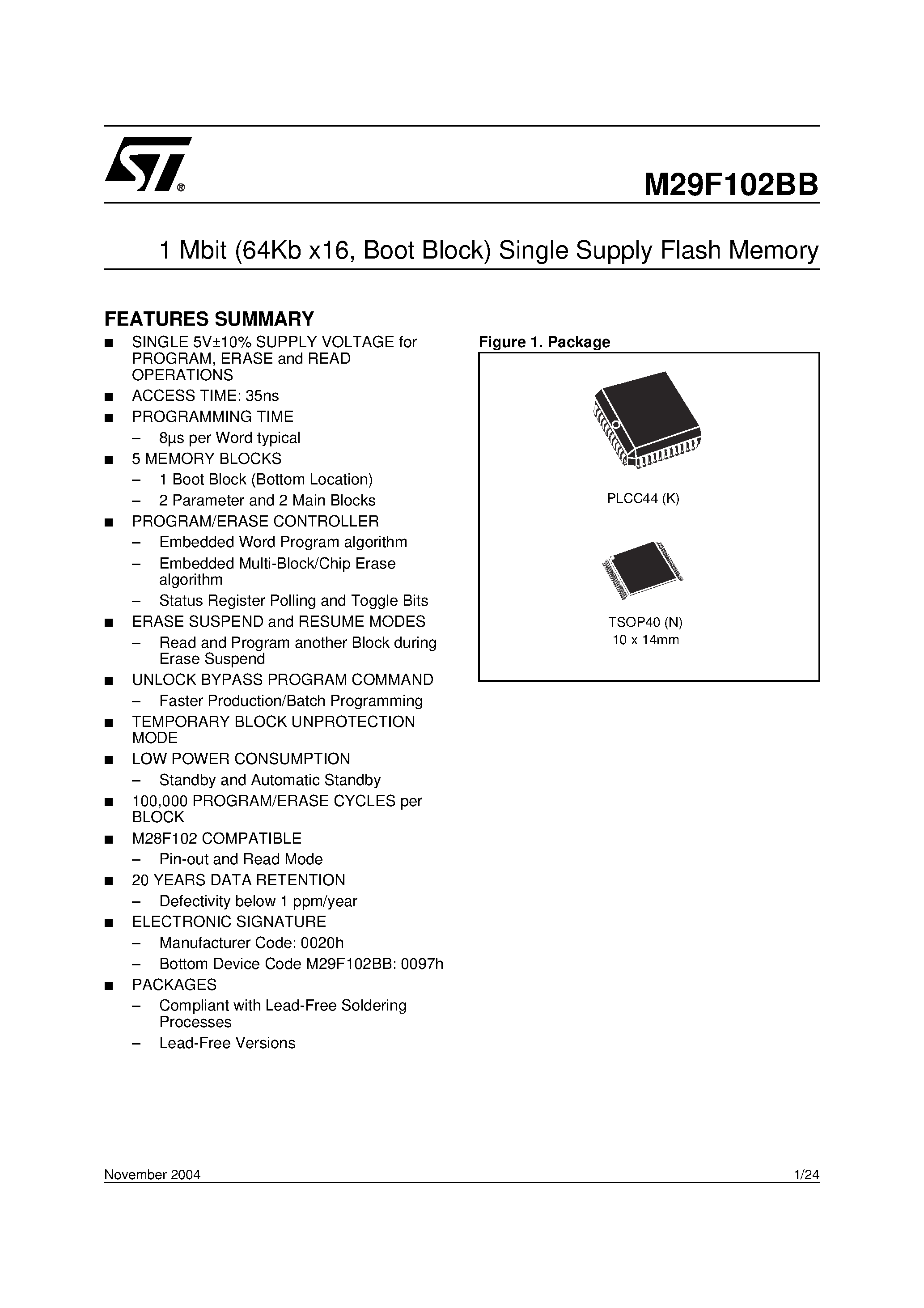 Datasheet M29F102BB - 1 Mbit 64Kb x16 / Boot Block Single Supply Flash Memory page 1