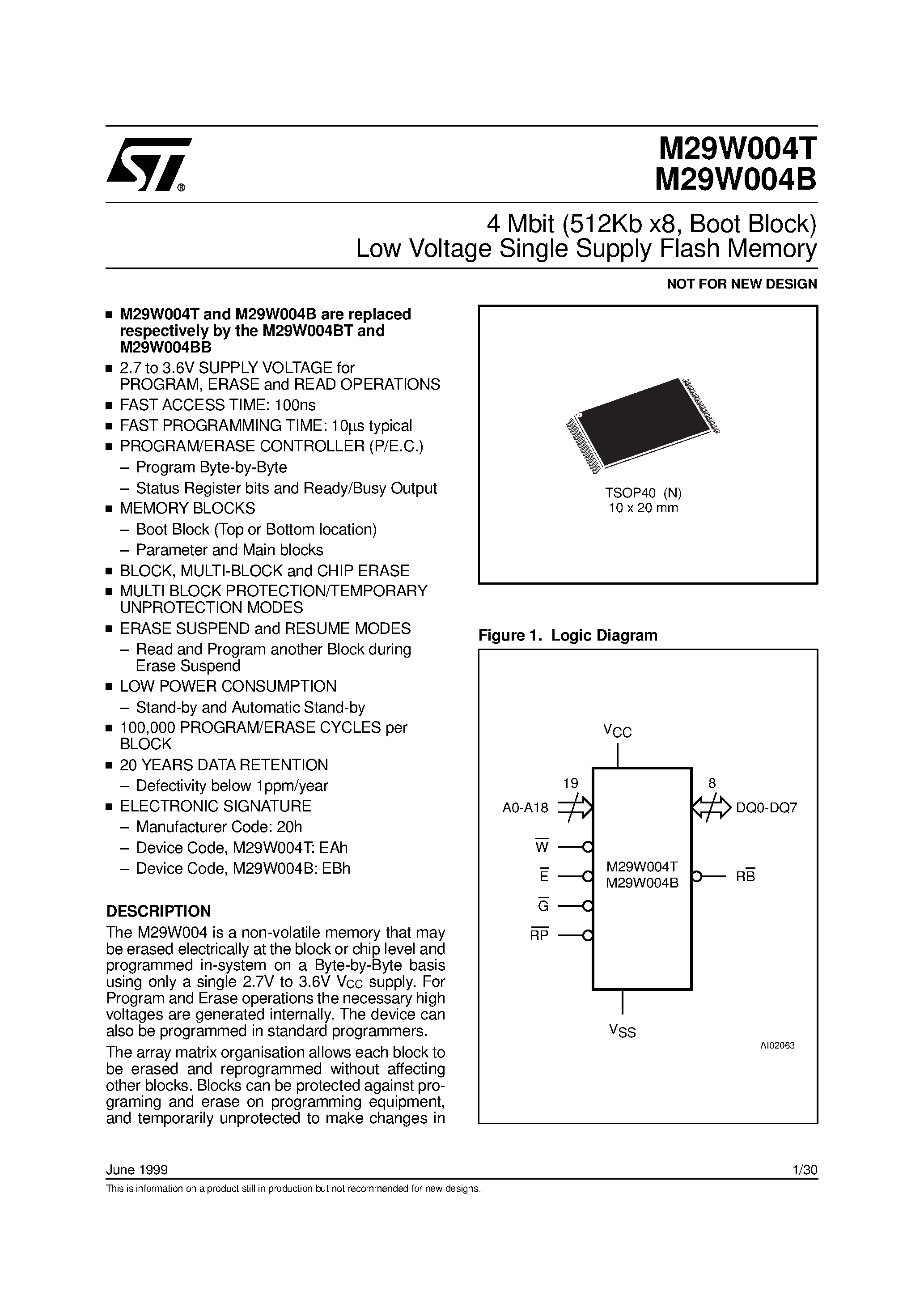 Datasheet M29W004B page 1 Datasheet M29W004B - 4 Mbit 512Kb x8 / Boot Block Low Voltage Single Supply Flash Memory page 1