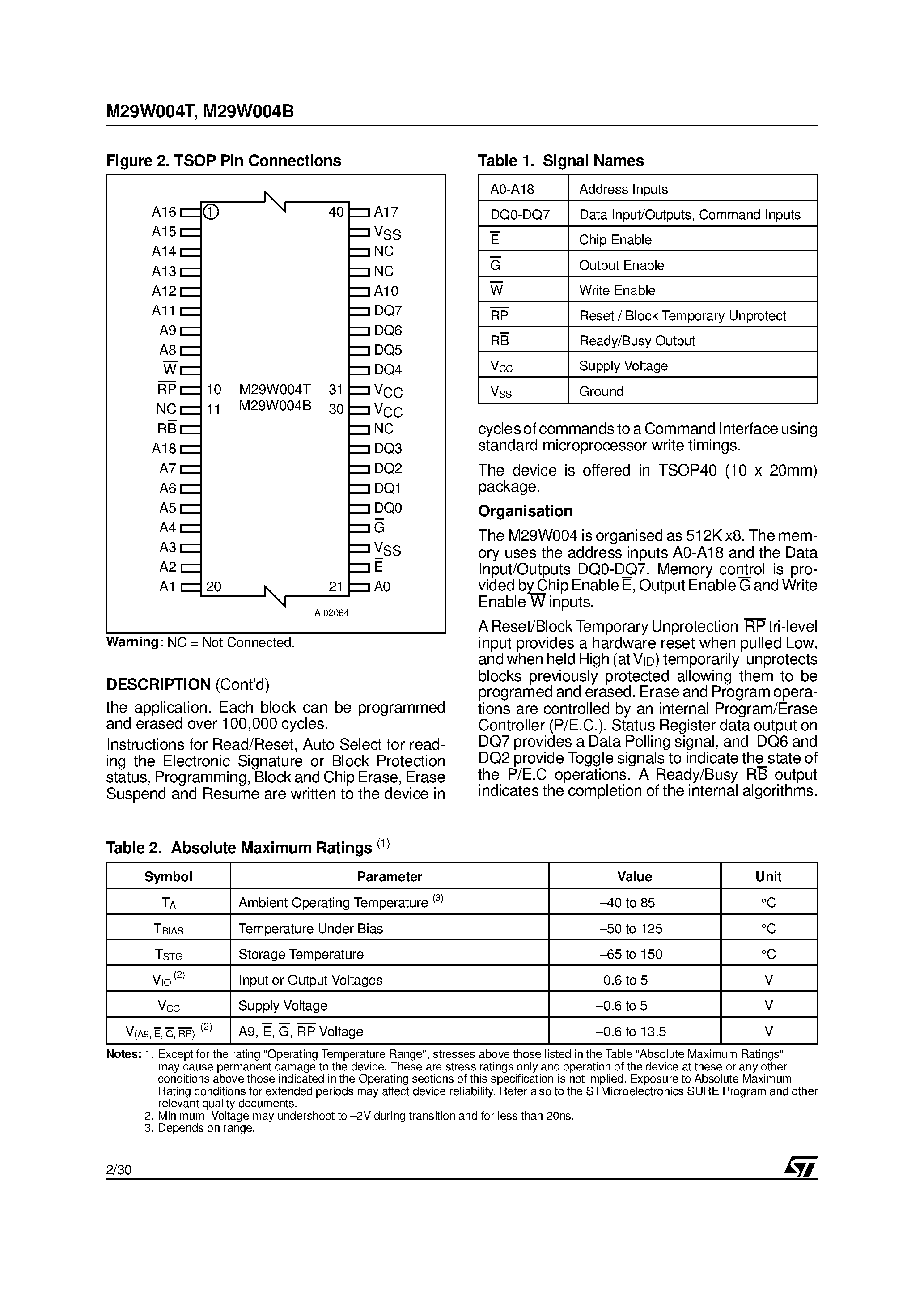 Datasheet M29W004T page 2 Datasheet M29W004T - 4 Mbit 512Kb x8 / Boot Block Low Voltage Single Supply Flash Memory page 2