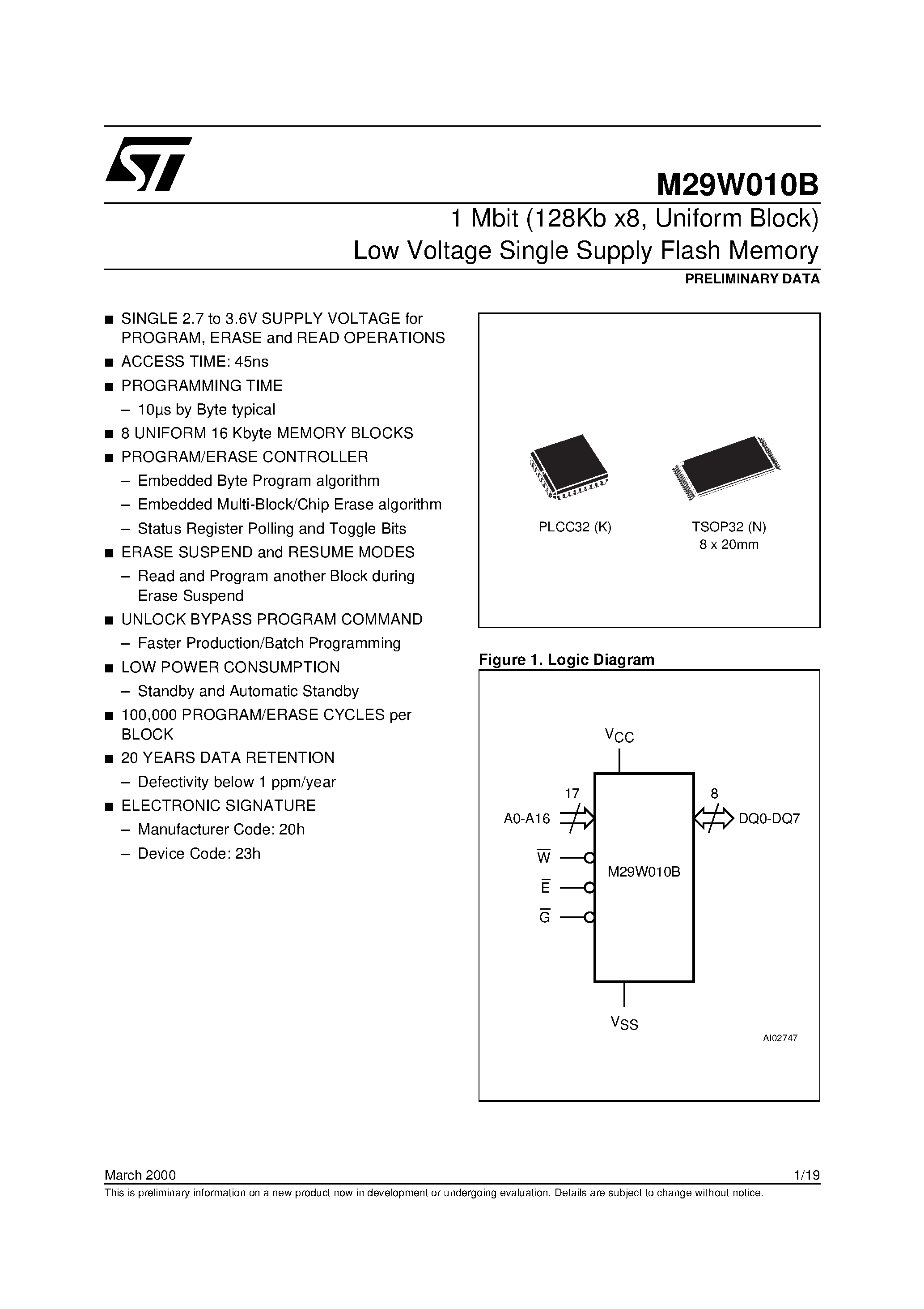 Datasheet M29W010B - 1 Mbit 128Kb x8 / Uniform Block Low Voltage Single Supply Flash Memory page 1