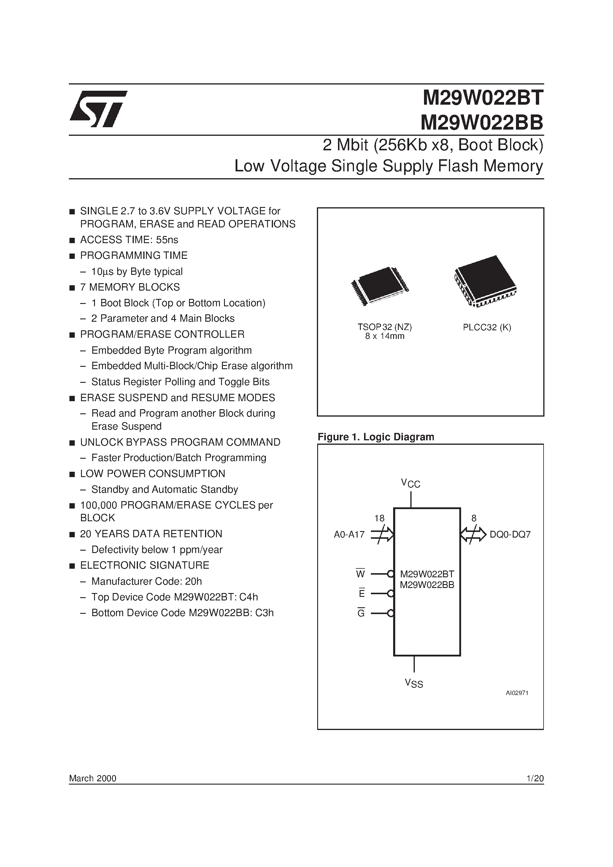 Datasheet M29W022BB - 2 Mbit 256Kb x8 / Boot Block Low Voltage Single Supply Flash Memory page 1