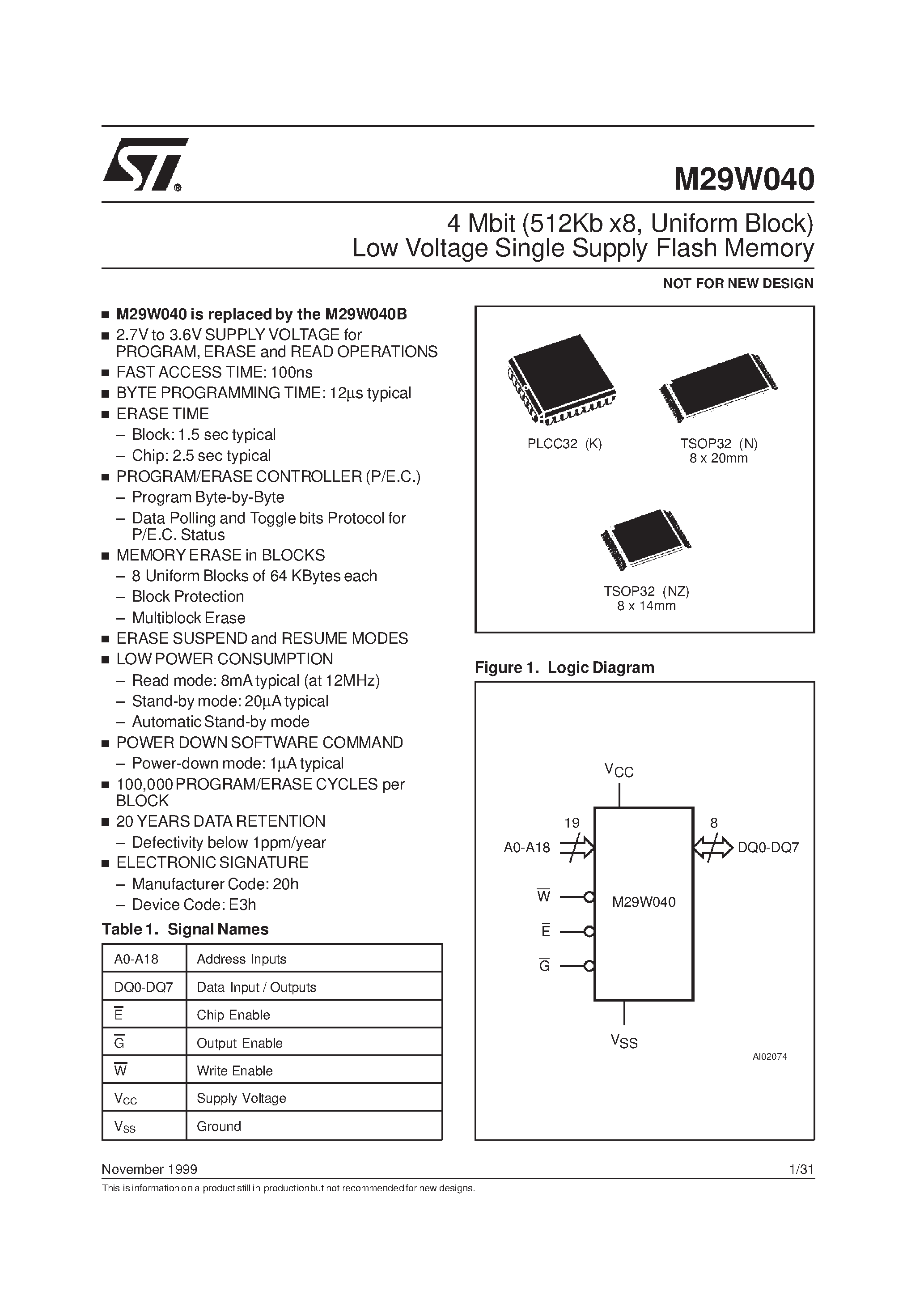 Datasheet M29W040 page 1 Datasheet M29W040 - 4 Mbit 512Kb x8 / Uniform Block Low Voltage Single Supply Flash Memory page 1