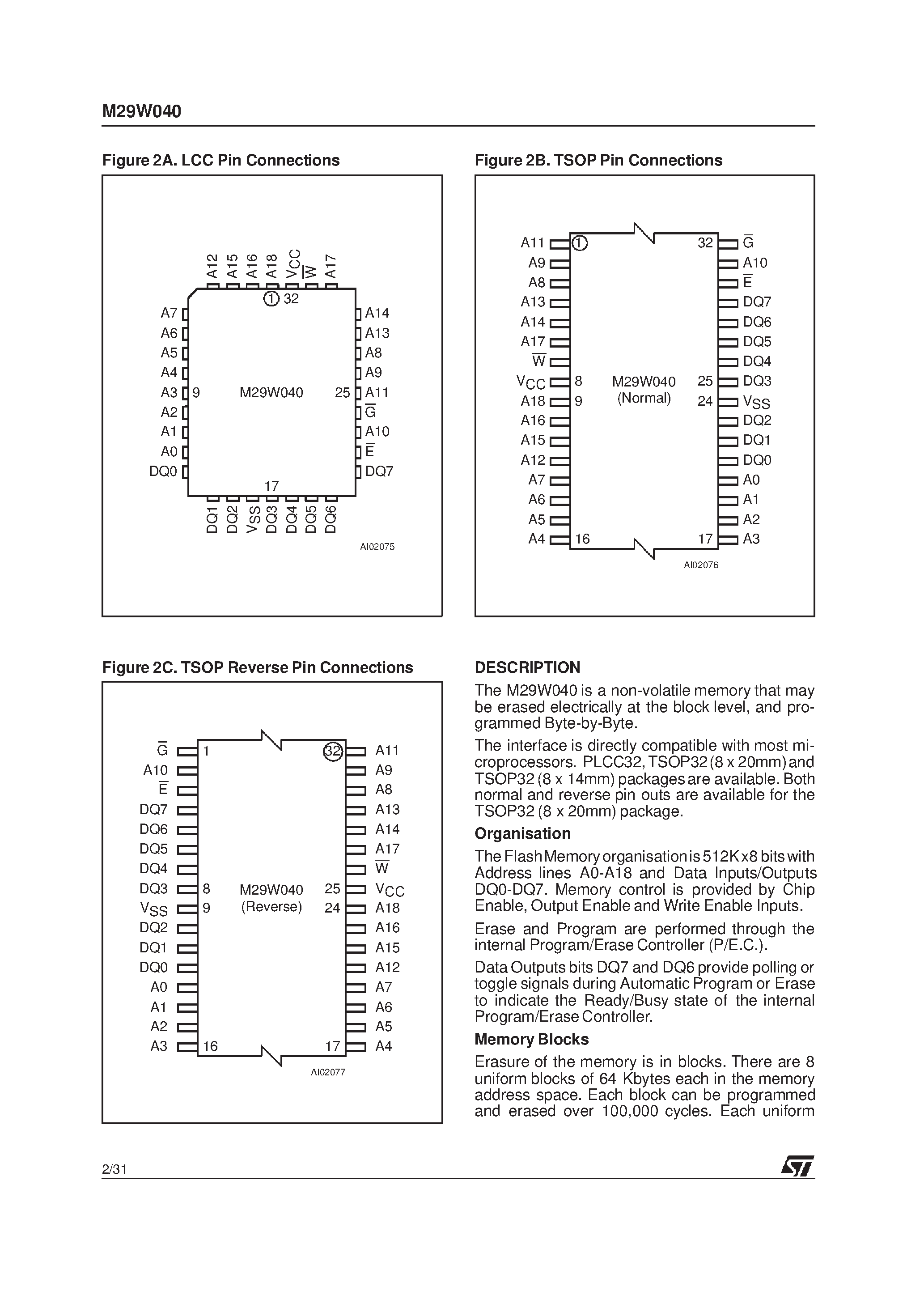 Datasheet M29W040 page 2 Datasheet M29W040 - 4 Mbit 512Kb x8 / Uniform Block Low Voltage Single Supply Flash Memory page 2