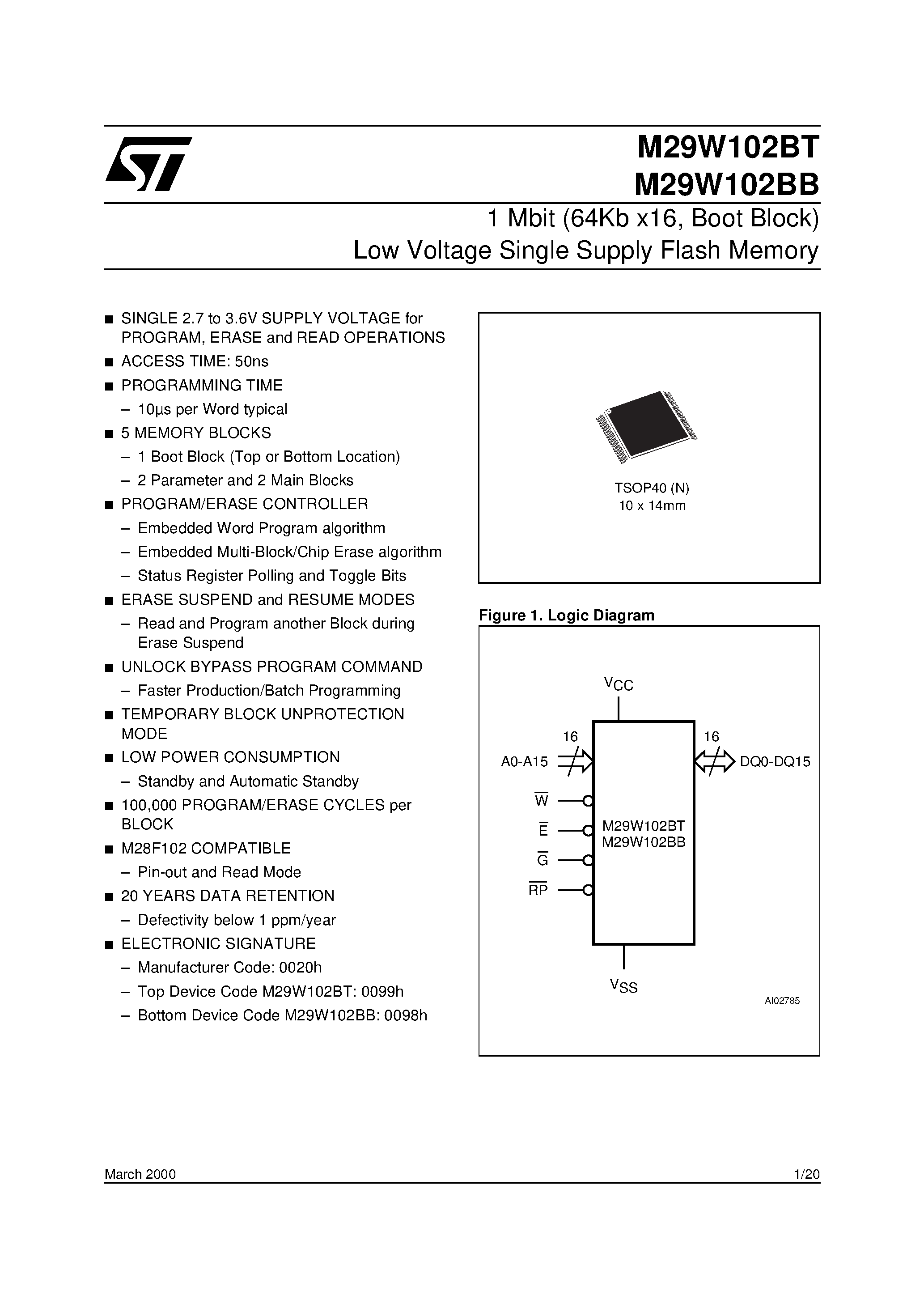 Datasheet M29W102BT - 1 Mbit 64Kb x16 / Boot Block Low Voltage Single Supply Flash Memory page 1