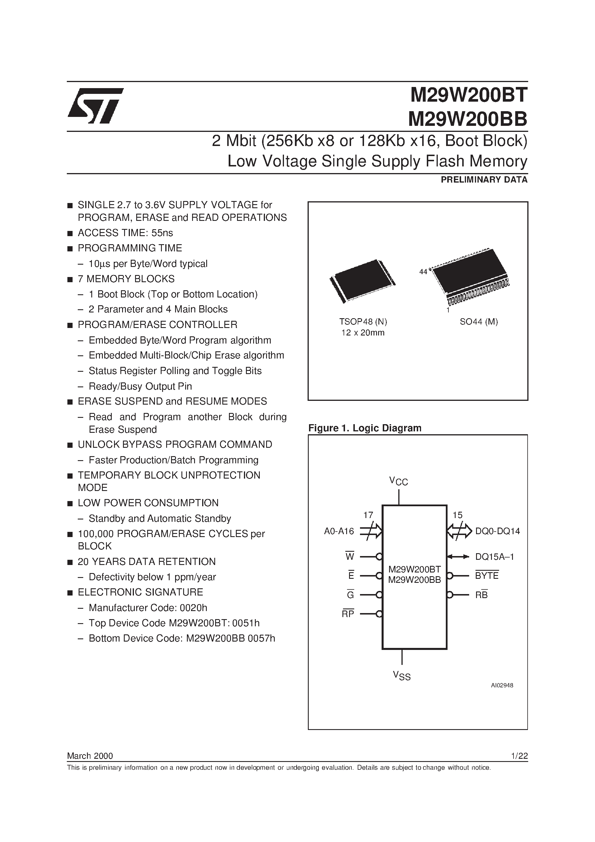 Datasheet M29W200 - 2 Mbit 256Kb x8 or 128Kb x16 / Boot Block Low Voltage Single Supply Flash Memory page 1