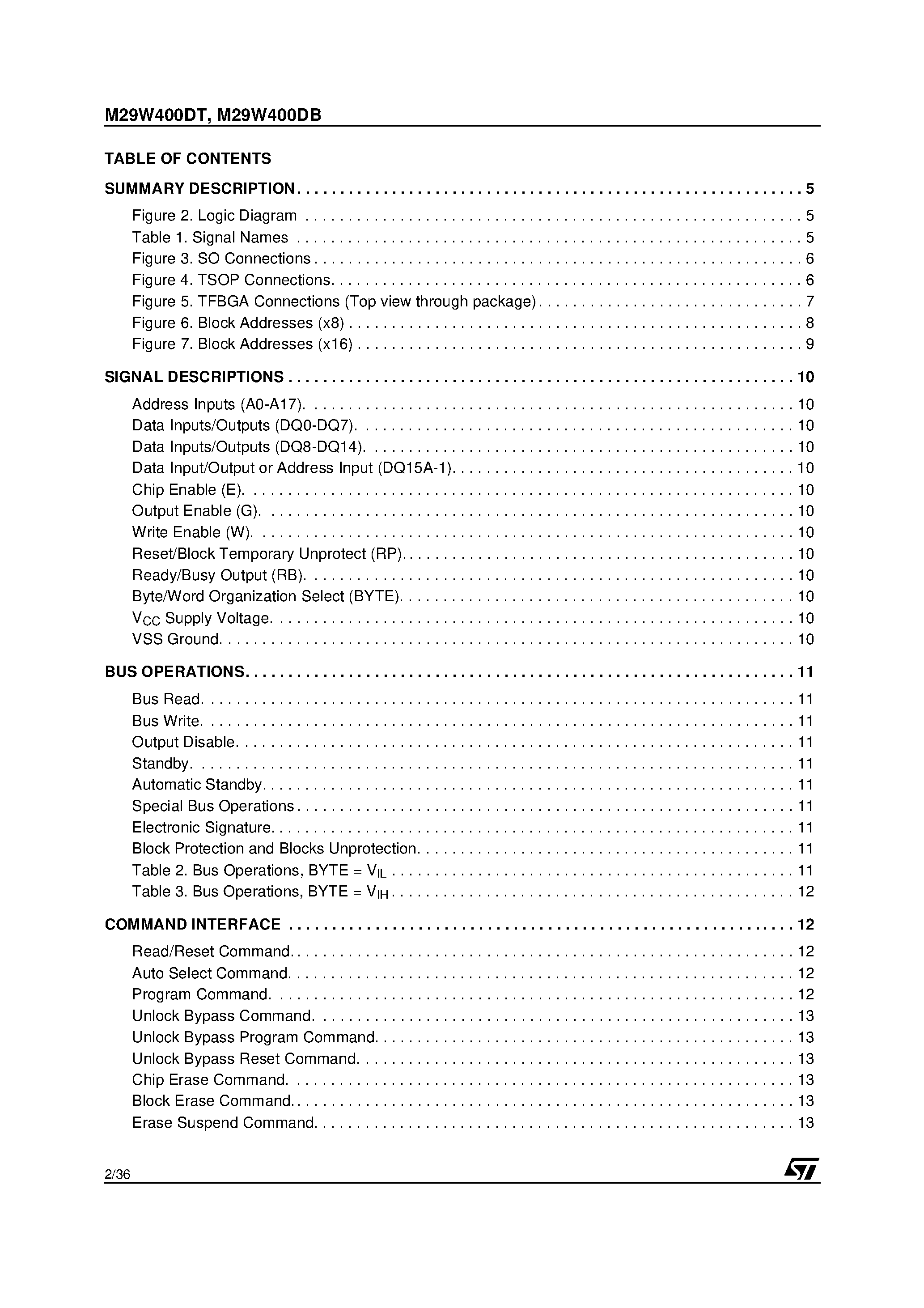 Datasheet M29W400DB page 2 Datasheet M29W400DB - 4 Mbit (512Kb x8 or 256Kb x16 / Boot Block) 3V Supply Flash Memory page 2