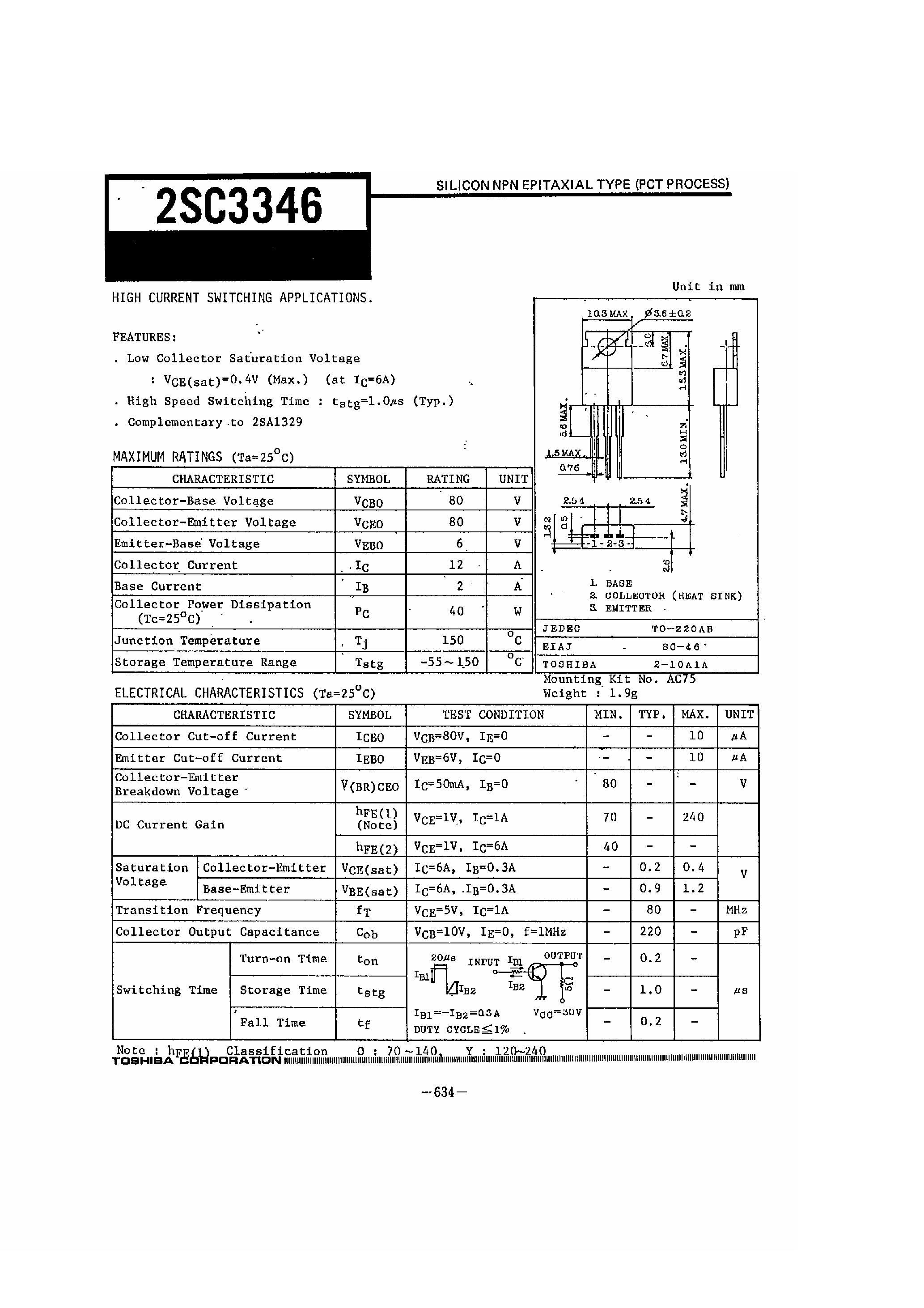 Datasheet 2SC3346 - Silicon NPN Epitaxial Type / High Current Switching Applications page 1