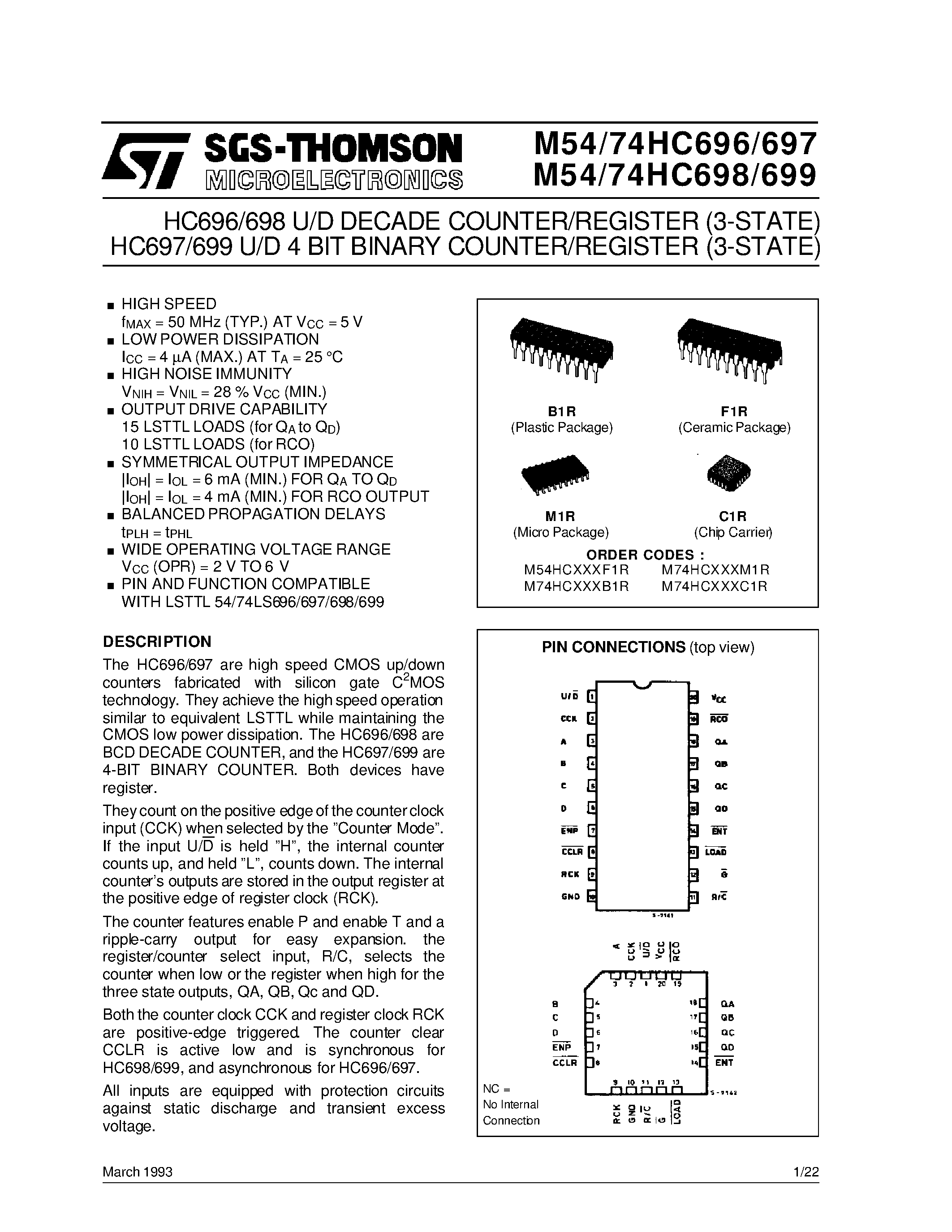 Datasheet M54HC698M1R page 1 Datasheet M54HC698M1R - HC697/699 U/D 4 BIT BINARY COUNTER/REGISTER 3-STATE HC696/698 U/D DECADE COUNTER/REGISTER 3-STATE page 1