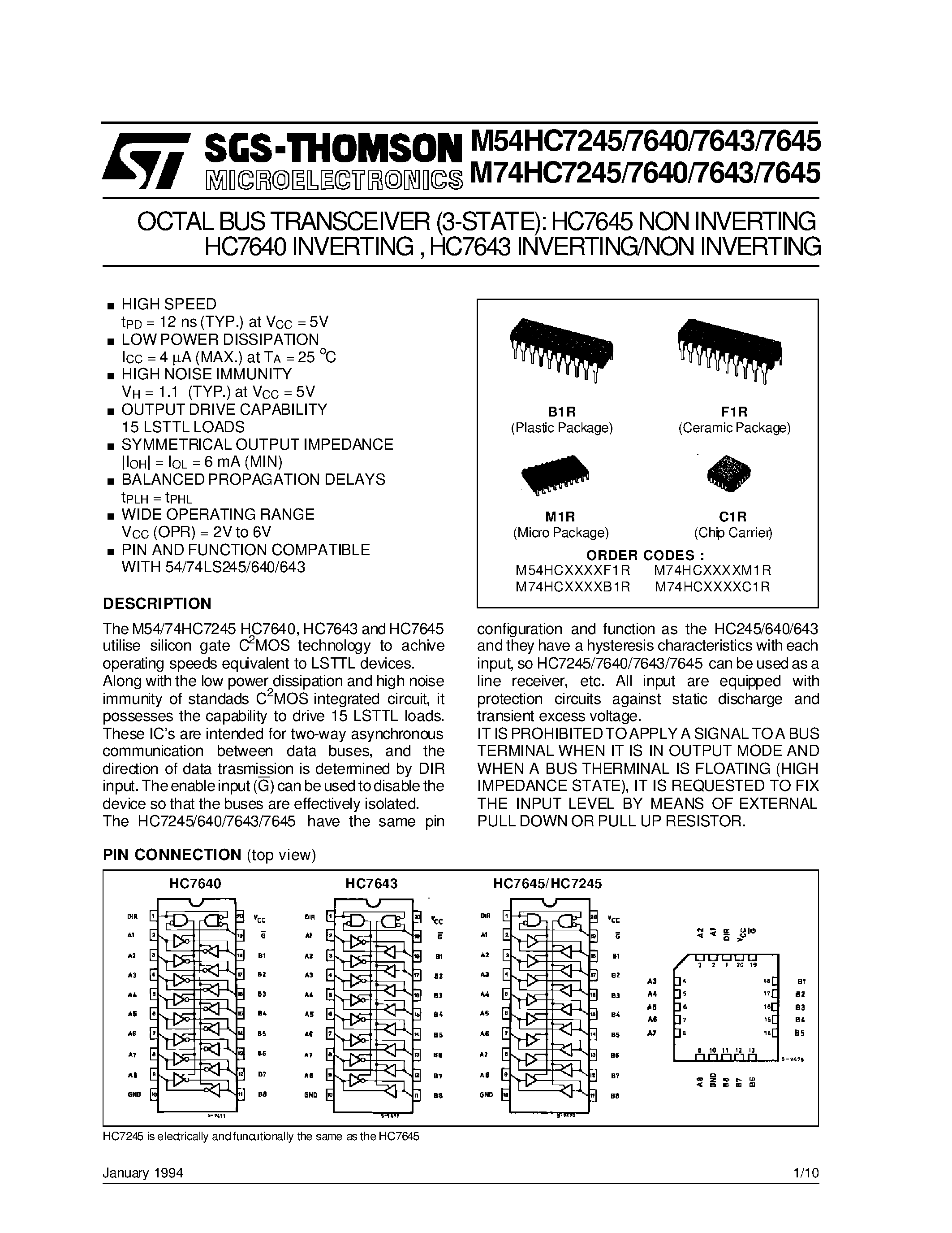 Datasheet M54HC7245B1R - OCTAL BUS TRANSCEIVER (3-STATE):HC7645 NONINVERTING HC7640 INVERTING /HC7643 INVERTING/NONINVERTING page 1
